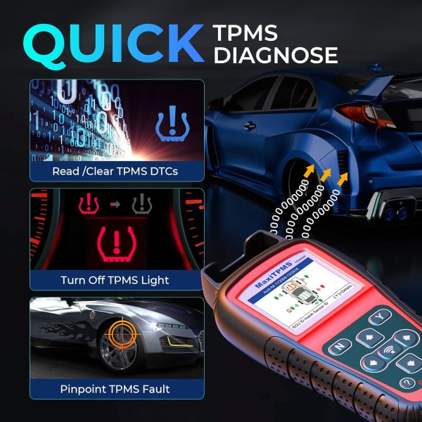 The MaxiTPMS TS508 WF is a new generation TPMS diagnostic & service tool specially designed to activate all known TPMS sensors, read TPMS sensor status, check TPMS system health condition, program MX-sensors and conduct TPMS relearn. With Quick Mode and Advanced Mode options, you can save time and energy by choosing the most suitable way to complete TPMS work. TS508K, the starting TPMS kit with one tool and 8 sensors, can be your right choice to experience AUTEL TPMS lines.
