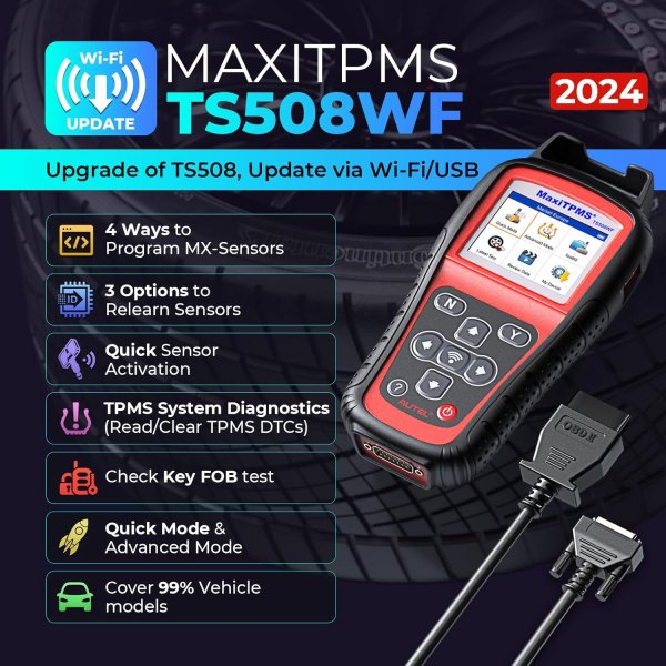 The MaxiTPMS TS508 WF is a new generation TPMS diagnostic & service tool specially designed to activate all known TPMS sensors, read TPMS sensor status, check TPMS system health condition, program MX-sensors and conduct TPMS relearn. With Quick Mode and Advanced Mode options, you can save time and energy by choosing the most suitable way to complete TPMS work. TS508K, the starting TPMS kit with one tool and 8 sensors, can be your right choice to experience AUTEL TPMS lines.