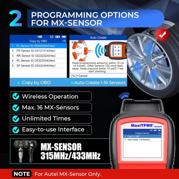 The MaxiTPMS TS508 WF is a new generation TPMS diagnostic & service tool specially designed to activate all known TPMS sensors, read TPMS sensor status, check TPMS system health condition, program MX-sensors and conduct TPMS relearn. With Quick Mode and Advanced Mode options, you can save time and energy by choosing the most suitable way to complete TPMS work. TS508K, the starting TPMS kit with one tool and 8 sensors, can be your right choice to experience AUTEL TPMS lines.The MaxiTPMS TS508 WF is a new generation TPMS diagnostic & service tool specially designed to activate all known TPMS sensors, read TPMS sensor status, check TPMS system health condition, program MX-sensors and conduct TPMS relearn. With Quick Mode and Advanced Mode options, you can save time and energy by choosing the most suitable way to complete TPMS work. TS508K, the starting TPMS kit with one tool and 8 sensors, can be your right choice to experience AUTEL TPMS lines.