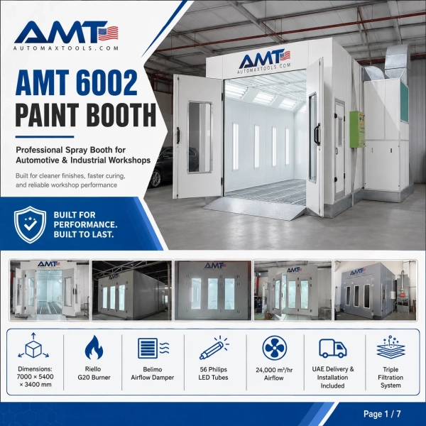 <p data-start="189" data-end="528"><strong data-start="189" data-end="212">AMT 6002 Paintbooth</strong> is a premium, industrial-grade spray booth built for professional car painting. Designed with powerful airflow, Italian Riello burner, advanced Philips LED lighting, and triple filtration — it delivers cleaner finishes, faster curing, and full workshop efficiency. Includes delivery and  professional installation across the UAE.</p> <h3 data-start="535" data-end="595"><strong data-start="542" data-end="595">AMT 6002 Paintbooth – Product Specification </strong></h3> <div class="_tableContainer_80l1q_1"> <div class="_tableWrapper_80l1q_14 group flex w-fit flex-col-reverse" tabindex="-1"> <table class="w-fit min-w-(--thread-content-width)" data-start="597" data-end="2829"> <thead data-start="597" data-end="714"> <tr data-start="597" data-end="714"> <th data-start="597" data-end="629" data-col-size="sm"> <h3><strong data-start="599" data-end="610">Feature</strong></h3> </th> <th data-start="629" data-end="714" data-col-size="md"> <h3><strong data-start="631" data-end="648">Specification</strong></h3> </th> </tr> </thead> <tbody data-start="834" data-end="2829"> <tr data-start="834" data-end="951"> <td data-start="834" data-end="865" data-col-size="sm"><strong data-start="836" data-end="845">Model</strong></td> <td data-start="865" data-end="951" data-col-size="md">AMT 6002 Paintbooth</td> </tr> <tr data-start="952" data-end="1068"> <td data-start="952" data-end="983" data-col-size="sm"><strong data-start="954" data-end="969">Application</strong></td> <td data-col-size="md" data-start="983" data-end="1068">Automotive / Industrial Spray Painting</td> </tr> <tr data-start="1069" data-end="1186"> <td data-start="1069" data-end="1100" data-col-size="sm"><strong data-start="1071" data-end="1093">Dimensions (L×W×H)</strong></td> <td data-col-size="md" data-start="1100" data-end="1186">7000mm × 5400mm × 3400mm</td> </tr> <tr data-start="1187" data-end="1304"> <td data-start="1187" data-end="1218" data-col-size="sm"><strong data-start="1189" data-end="1198">Doors</strong></td> <td data-col-size="md" data-start="1218" data-end="1304">3 Main Doors (3000×2650mm), 1 Service Door (800×2000mm)</td> </tr> <tr data-start="1305" data-end="1421"> <td data-start="1305" data-end="1336" data-col-size="sm"><strong data-start="1307" data-end="1317">Burner</strong></td> <td data-col-size="md" data-start="1336" data-end="1421">G20 Riello (Made in Italy)</td> </tr> <tr data-start="1422" data-end="1539"> <td data-start="1422" data-end="1453" data-col-size="sm"><strong data-start="1424" data-end="1432">Fans</strong></td> <td data-col-size="md" data-start="1453" data-end="1539">Intake: 7.5KW, Exhaust: 5.5KW – Total Airflow: 24,000 m³/hr</td> </tr> <tr data-start="1540" data-end="1656"> <td data-start="1540" data-end="1571" data-col-size="sm"><strong data-start="1542" data-end="1561">Airflow Control</strong></td> <td data-col-size="md" data-start="1571" data-end="1656">Electric Belimo Damper (Swiss Engineered)</td> </tr> <tr data-start="1657" data-end="1773"> <td data-start="1657" data-end="1688" data-col-size="sm"><strong data-start="1659" data-end="1671">Lighting</strong></td> <td data-col-size="md" data-start="1688" data-end="1773">32 Philips LED (Roof), 20 (Side), 4 (Back) – Total: 56 LED Tubes</td> </tr> <tr data-start="1774" data-end="1890"> <td data-start="1774" data-end="1805" data-col-size="sm"><strong data-start="1776" data-end="1794">Control System</strong></td> <td data-start="1805" data-end="1890" data-col-size="md">Schneider Electrical Panel – with Painting, Baking, Timer & Emergency Stop</td> </tr> <tr data-start="1891" data-end="2007"> <td data-start="1891" data-end="1922" data-col-size="sm"><strong data-start="1893" data-end="1914">Filtration System</strong></td> <td data-col-size="md" data-start="1922" data-end="2007">CC-600G Roof Filter, Inlet Filter, Floor Filter</td> </tr> <tr data-start="2008" data-end="2124"> <td data-start="2008" data-end="2039" data-col-size="sm"><strong data-start="2010" data-end="2035">Wall & Panel Material</strong></td> <td data-col-size="md" data-start="2039" data-end="2124">50mm EPS Insulated Panels, 0.426mm Steel Thickness</td> </tr> <tr data-start="2125" data-end="2241"> <td data-start="2125" data-end="2156" data-col-size="sm"><strong data-start="2127" data-end="2142">Duct System</strong></td> <td data-col-size="md" data-start="2156" data-end="2241">3 Straight Ducts + 1 Elbow (700×700×910mm)</td> </tr> <tr data-start="2242" data-end="2359"> <td data-start="2242" data-end="2273" data-col-size="sm"><strong data-start="2244" data-end="2255">Chimney</strong></td> <td data-col-size="md" data-start="2273" data-end="2359">3m Zinc-Plated Steel, 0.8mm Thickness</td> </tr> <tr data-start="2360" data-end="2477"> <td data-start="2360" data-end="2391" data-col-size="sm"><strong data-start="2362" data-end="2371">Ramps</strong></td> <td data-col-size="md" data-start="2391" data-end="2477">Dual 1-Meter Steel Ramps (Internal + External)</td> </tr> <tr data-start="2478" data-end="2594"> <td data-start="2478" data-end="2509" data-col-size="sm"><strong data-start="2480" data-end="2496">Power Supply</strong></td> <td data-col-size="md" data-start="2509" data-end="2594">380V AC, 50Hz</td> </tr> <tr data-start="2595" data-end="2711"> <td data-start="2595" data-end="2626" data-col-size="sm"><strong data-start="2597" data-end="2613">Installation</strong></td> <td data-start="2626" data-end="2711" data-col-size="md">Included (UAE-Wide)</td> </tr> <tr data-start="2712" data-end="2829"> <td data-start="2712" data-end="2743" data-col-size="sm"><strong data-start="2714" data-end="2732">Remote Support</strong></td> <td data-start="2743" data-end="2829" data-col-size="md">Available</td> </tr> </tbody> </table> </div> </div> <div class="flex-1 overflow-hidden"> <div class="react-scroll-to-bottom--css-hpksf-79elbk h-full"> <div class="react-scroll-to-bottom--css-hpksf-1n7m0yu"> <div class="flex flex-col text-sm gizmo:pb-9 dark:bg-gray-800 gizmo:dark:bg-transparent"> <div class="group w-full text-token-text-primary border-b border-black/10 gizmo:border-0 dark:border-gray-900/50 gizmo:dark:border-0 bg-gray-50 gizmo:bg-transparent dark:bg-[#444654] gizmo:dark:bg-transparent" data-testid="conversation-turn-9"> <div class="p-4 gizmo:py-2 justify-center text-base md:gap-6 md:py-6 m-auto"> <div class="flex flex-1 gap-4 text-base mx-auto md:gap-6 gizmo:gap-3 gizmo:md:px-5 gizmo:lg:px-1 gizmo:xl:px-5 md:max-w-2xl lg:max-w-[38rem] gizmo:md:max-w-3xl gizmo:lg:max-w-[40rem] gizmo:xl:max-w-[48rem] xl:max-w-3xl }"> <div class="relative flex w-[calc(100%-50px)] flex-col gizmo:w-full lg:w-[calc(100%-115px)] agent-turn"> <div class="flex-col gap-1 md:gap-3"> <div class="flex justify-between empty:hidden gizmo:justify-start gizmo:gap-3 lg:block gizmo:lg:flex"></div> </div> </div> </div> </div> </div> <iframe title="YouTube video player" src="https://www.youtube.com/embed/DfuSnIQ4Oic?si=jwQS-p1QY8QiRFK4" width="560" height="315" frameborder="0" allowfullscreen="allowfullscreen"></iframe> </div> </div> </div> </div> <p data-start="189" data-end="528"><strong data-start="189" data-end="212">AMT 6002 Paintbooth</strong> is a premium, industrial-grade spray booth built for professional car painting. Designed with powerful airflow, Italian Riello burner, advanced Philips LED lighting, and triple filtration — it delivers cleaner finishes, faster curing, and full workshop efficiency. Includes delivery and  professional installation across the UAE.</p> <h3 data-start="535" data-end="595"><strong data-start="542" data-end="595">AMT 6002 Paintbooth – Product Specification </strong></h3> <div class="_tableContainer_80l1q_1"> <div class="_tableWrapper_80l1q_14 group flex w-fit flex-col-reverse" tabindex="-1"> <table class="w-fit min-w-(--thread-content-width)" data-start="597" data-end="2829"> <thead data-start="597" data-end="714"> <tr data-start="597" data-end="714"> <th data-start="597" data-end="629" data-col-size="sm"> <h3><strong data-start="599" data-end="610">Feature</strong></h3> </th> <th data-start="629" data-end="714" data-col-size="md"> <h3><strong data-start="631" data-end="648">Specification</strong></h3> </th> </tr> </thead> <tbody data-start="834" data-end="2829"> <tr data-start="834" data-end="951"> <td data-start="834" data-end="865" data-col-size="sm"><strong data-start="836" data-end="845">Model</strong></td> <td data-start="865" data-end="951" data-col-size="md">AMT 6002 Paintbooth</td> </tr> <tr data-start="952" data-end="1068"> <td data-start="952" data-end="983" data-col-size="sm"><strong data-start="954" data-end="969">Application</strong></td> <td data-col-size="md" data-start="983" data-end="1068">Automotive / Industrial Spray Painting</td> </tr> <tr data-start="1069" data-end="1186"> <td data-start="1069" data-end="1100" data-col-size="sm"><strong data-start="1071" data-end="1093">Dimensions (L×W×H)</strong></td> <td data-col-size="md" data-start="1100" data-end="1186">7000mm × 5400mm × 3400mm</td> </tr> <tr data-start="1187" data-end="1304"> <td data-start="1187" data-end="1218" data-col-size="sm"><strong data-start="1189" data-end="1198">Doors</strong></td> <td data-col-size="md" data-start="1218" data-end="1304">3 Main Doors (3000×2650mm), 1 Service Door (800×2000mm)</td> </tr> <tr data-start="1305" data-end="1421"> <td data-start="1305" data-end="1336" data-col-size="sm"><strong data-start="1307" data-end="1317">Burner</strong></td> <td data-col-size="md" data-start="1336" data-end="1421">G20 Riello (Made in Italy)</td> </tr> <tr data-start="1422" data-end="1539"> <td data-start="1422" data-end="1453" data-col-size="sm"><strong data-start="1424" data-end="1432">Fans</strong></td> <td data-col-size="md" data-start="1453" data-end="1539">Intake: 7.5KW, Exhaust: 5.5KW – Total Airflow: 24,000 m³/hr</td> </tr> <tr data-start="1540" data-end="1656"> <td data-start="1540" data-end="1571" data-col-size="sm"><strong data-start="1542" data-end="1561">Airflow Control</strong></td> <td data-col-size="md" data-start="1571" data-end="1656">Electric Belimo Damper (Swiss Engineered)</td> </tr> <tr data-start="1657" data-end="1773"> <td data-start="1657" data-end="1688" data-col-size="sm"><strong data-start="1659" data-end="1671">Lighting</strong></td> <td data-col-size="md" data-start="1688" data-end="1773">32 Philips LED (Roof), 20 (Side), 4 (Back) – Total: 56 LED Tubes</td> </tr> <tr data-start="1774" data-end="1890"> <td data-start="1774" data-end="1805" data-col-size="sm"><strong data-start="1776" data-end="1794">Control System</strong></td> <td data-start="1805" data-end="1890" data-col-size="md">Schneider Electrical Panel – with Painting, Baking, Timer & Emergency Stop</td> </tr> <tr data-start="1891" data-end="2007"> <td data-start="1891" data-end="1922" data-col-size="sm"><strong data-start="1893" data-end="1914">Filtration System</strong></td> <td data-col-size="md" data-start="1922" data-end="2007">CC-600G Roof Filter, Inlet Filter, Floor Filter</td> </tr> <tr data-start="2008" data-end="2124"> <td data-start="2008" data-end="2039" data-col-size="sm"><strong data-start="2010" data-end="2035">Wall & Panel Material</strong></td> <td data-col-size="md" data-start="2039" data-end="2124">50mm EPS Insulated Panels, 0.426mm Steel Thickness</td> </tr> <tr data-start="2125" data-end="2241"> <td data-start="2125" data-end="2156" data-col-size="sm"><strong data-start="2127" data-end="2142">Duct System</strong></td> <td data-col-size="md" data-start="2156" data-end="2241">3 Straight Ducts + 1 Elbow (700×700×910mm)</td> </tr> <tr data-start="2242" data-end="2359"> <td data-start="2242" data-end="2273" data-col-size="sm"><strong data-start="2244" data-end="2255">Chimney</strong></td> <td data-col-size="md" data-start="2273" data-end="2359">3m Zinc-Plated Steel, 0.8mm Thickness</td> </tr> <tr data-start="2360" data-end="2477"> <td data-start="2360" data-end="2391" data-col-size="sm"><strong data-start="2362" data-end="2371">Ramps</strong></td> <td data-col-size="md" data-start="2391" data-end="2477">Dual 1-Meter Steel Ramps (Internal + External)</td> </tr> <tr data-start="2478" data-end="2594"> <td data-start="2478" data-end="2509" data-col-size="sm"><strong data-start="2480" data-end="2496">Power Supply</strong></td> <td data-col-size="md" data-start="2509" data-end="2594">380V AC, 50Hz</td> </tr> <tr data-start="2595" data-end="2711"> <td data-start="2595" data-end="2626" data-col-size="sm"><strong data-start="2597" data-end="2613">Installation</strong></td> <td data-start="2626" data-end="2711" data-col-size="md">Included (UAE-Wide)</td> </tr> <tr data-start="2712" data-end="2829"> <td data-start="2712" data-end="2743" data-col-size="sm"><strong data-start="2714" data-end="2732">Remote Support</strong></td> <td data-start="2743" data-end="2829" data-col-size="md">Available</td> </tr> </tbody> </table> </div> </div> <div class="flex-1 overflow-hidden"> <div class="react-scroll-to-bottom--css-hpksf-79elbk h-full"> <div class="react-scroll-to-bottom--css-hpksf-1n7m0yu"> <div class="flex flex-col text-sm gizmo:pb-9 dark:bg-gray-800 gizmo:dark:bg-transparent"> <div class="group w-full text-token-text-primary border-b border-black/10 gizmo:border-0 dark:border-gray-900/50 gizmo:dark:border-0 bg-gray-50 gizmo:bg-transparent dark:bg-[#444654] gizmo:dark:bg-transparent" data-testid="conversation-turn-9"> <div class="p-4 gizmo:py-2 justify-center text-base md:gap-6 md:py-6 m-auto"> <div class="flex flex-1 gap-4 text-base mx-auto md:gap-6 gizmo:gap-3 gizmo:md:px-5 gizmo:lg:px-1 gizmo:xl:px-5 md:max-w-2xl lg:max-w-[38rem] gizmo:md:max-w-3xl gizmo:lg:max-w-[40rem] gizmo:xl:max-w-[48rem] xl:max-w-3xl }"> <div class="relative flex w-[calc(100%-50px)] flex-col gizmo:w-full lg:w-[calc(100%-115px)] agent-turn"> <div class="flex-col gap-1 md:gap-3"> <div class="flex justify-between empty:hidden gizmo:justify-start gizmo:gap-3 lg:block gizmo:lg:flex"></div> </div> </div> </div> </div> </div> <iframe title="YouTube video player" src="https://www.youtube.com/embed/DfuSnIQ4Oic?si=jwQS-p1QY8QiRFK4" width="560" height="315" frameborder="0" allowfullscreen="allowfullscreen"></iframe> </div> </div> </div> </div>