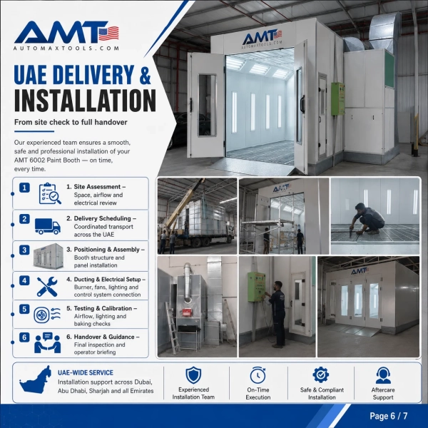 <p data-start="189" data-end="528"><strong data-start="189" data-end="212">AMT 6002 Paintbooth</strong> is a premium, industrial-grade spray booth built for professional car painting. Designed with powerful airflow, Italian Riello burner, advanced Philips LED lighting, and triple filtration — it delivers cleaner finishes, faster curing, and full workshop efficiency. Includes delivery and  professional installation across the UAE.</p> <h3 data-start="535" data-end="595"><strong data-start="542" data-end="595">AMT 6002 Paintbooth – Product Specification </strong></h3> <div class="_tableContainer_80l1q_1"> <div class="_tableWrapper_80l1q_14 group flex w-fit flex-col-reverse" tabindex="-1"> <table class="w-fit min-w-(--thread-content-width)" data-start="597" data-end="2829"> <thead data-start="597" data-end="714"> <tr data-start="597" data-end="714"> <th data-start="597" data-end="629" data-col-size="sm"> <h3><strong data-start="599" data-end="610">Feature</strong></h3> </th> <th data-start="629" data-end="714" data-col-size="md"> <h3><strong data-start="631" data-end="648">Specification</strong></h3> </th> </tr> </thead> <tbody data-start="834" data-end="2829"> <tr data-start="834" data-end="951"> <td data-start="834" data-end="865" data-col-size="sm"><strong data-start="836" data-end="845">Model</strong></td> <td data-start="865" data-end="951" data-col-size="md">AMT 6002 Paintbooth</td> </tr> <tr data-start="952" data-end="1068"> <td data-start="952" data-end="983" data-col-size="sm"><strong data-start="954" data-end="969">Application</strong></td> <td data-col-size="md" data-start="983" data-end="1068">Automotive / Industrial Spray Painting</td> </tr> <tr data-start="1069" data-end="1186"> <td data-start="1069" data-end="1100" data-col-size="sm"><strong data-start="1071" data-end="1093">Dimensions (L×W×H)</strong></td> <td data-col-size="md" data-start="1100" data-end="1186">7000mm × 5400mm × 3400mm</td> </tr> <tr data-start="1187" data-end="1304"> <td data-start="1187" data-end="1218" data-col-size="sm"><strong data-start="1189" data-end="1198">Doors</strong></td> <td data-col-size="md" data-start="1218" data-end="1304">3 Main Doors (3000×2650mm), 1 Service Door (800×2000mm)</td> </tr> <tr data-start="1305" data-end="1421"> <td data-start="1305" data-end="1336" data-col-size="sm"><strong data-start="1307" data-end="1317">Burner</strong></td> <td data-col-size="md" data-start="1336" data-end="1421">G20 Riello (Made in Italy)</td> </tr> <tr data-start="1422" data-end="1539"> <td data-start="1422" data-end="1453" data-col-size="sm"><strong data-start="1424" data-end="1432">Fans</strong></td> <td data-col-size="md" data-start="1453" data-end="1539">Intake: 7.5KW, Exhaust: 5.5KW – Total Airflow: 24,000 m³/hr</td> </tr> <tr data-start="1540" data-end="1656"> <td data-start="1540" data-end="1571" data-col-size="sm"><strong data-start="1542" data-end="1561">Airflow Control</strong></td> <td data-col-size="md" data-start="1571" data-end="1656">Electric Belimo Damper (Swiss Engineered)</td> </tr> <tr data-start="1657" data-end="1773"> <td data-start="1657" data-end="1688" data-col-size="sm"><strong data-start="1659" data-end="1671">Lighting</strong></td> <td data-col-size="md" data-start="1688" data-end="1773">32 Philips LED (Roof), 20 (Side), 4 (Back) – Total: 56 LED Tubes</td> </tr> <tr data-start="1774" data-end="1890"> <td data-start="1774" data-end="1805" data-col-size="sm"><strong data-start="1776" data-end="1794">Control System</strong></td> <td data-start="1805" data-end="1890" data-col-size="md">Schneider Electrical Panel – with Painting, Baking, Timer & Emergency Stop</td> </tr> <tr data-start="1891" data-end="2007"> <td data-start="1891" data-end="1922" data-col-size="sm"><strong data-start="1893" data-end="1914">Filtration System</strong></td> <td data-col-size="md" data-start="1922" data-end="2007">CC-600G Roof Filter, Inlet Filter, Floor Filter</td> </tr> <tr data-start="2008" data-end="2124"> <td data-start="2008" data-end="2039" data-col-size="sm"><strong data-start="2010" data-end="2035">Wall & Panel Material</strong></td> <td data-col-size="md" data-start="2039" data-end="2124">50mm EPS Insulated Panels, 0.426mm Steel Thickness</td> </tr> <tr data-start="2125" data-end="2241"> <td data-start="2125" data-end="2156" data-col-size="sm"><strong data-start="2127" data-end="2142">Duct System</strong></td> <td data-col-size="md" data-start="2156" data-end="2241">3 Straight Ducts + 1 Elbow (700×700×910mm)</td> </tr> <tr data-start="2242" data-end="2359"> <td data-start="2242" data-end="2273" data-col-size="sm"><strong data-start="2244" data-end="2255">Chimney</strong></td> <td data-col-size="md" data-start="2273" data-end="2359">3m Zinc-Plated Steel, 0.8mm Thickness</td> </tr> <tr data-start="2360" data-end="2477"> <td data-start="2360" data-end="2391" data-col-size="sm"><strong data-start="2362" data-end="2371">Ramps</strong></td> <td data-col-size="md" data-start="2391" data-end="2477">Dual 1-Meter Steel Ramps (Internal + External)</td> </tr> <tr data-start="2478" data-end="2594"> <td data-start="2478" data-end="2509" data-col-size="sm"><strong data-start="2480" data-end="2496">Power Supply</strong></td> <td data-col-size="md" data-start="2509" data-end="2594">380V AC, 50Hz</td> </tr> <tr data-start="2595" data-end="2711"> <td data-start="2595" data-end="2626" data-col-size="sm"><strong data-start="2597" data-end="2613">Installation</strong></td> <td data-start="2626" data-end="2711" data-col-size="md">Included (UAE-Wide)</td> </tr> <tr data-start="2712" data-end="2829"> <td data-start="2712" data-end="2743" data-col-size="sm"><strong data-start="2714" data-end="2732">Remote Support</strong></td> <td data-start="2743" data-end="2829" data-col-size="md">Available</td> </tr> </tbody> </table> </div> </div> <div class="flex-1 overflow-hidden"> <div class="react-scroll-to-bottom--css-hpksf-79elbk h-full"> <div class="react-scroll-to-bottom--css-hpksf-1n7m0yu"> <div class="flex flex-col text-sm gizmo:pb-9 dark:bg-gray-800 gizmo:dark:bg-transparent"> <div class="group w-full text-token-text-primary border-b border-black/10 gizmo:border-0 dark:border-gray-900/50 gizmo:dark:border-0 bg-gray-50 gizmo:bg-transparent dark:bg-[#444654] gizmo:dark:bg-transparent" data-testid="conversation-turn-9"> <div class="p-4 gizmo:py-2 justify-center text-base md:gap-6 md:py-6 m-auto"> <div class="flex flex-1 gap-4 text-base mx-auto md:gap-6 gizmo:gap-3 gizmo:md:px-5 gizmo:lg:px-1 gizmo:xl:px-5 md:max-w-2xl lg:max-w-[38rem] gizmo:md:max-w-3xl gizmo:lg:max-w-[40rem] gizmo:xl:max-w-[48rem] xl:max-w-3xl }"> <div class="relative flex w-[calc(100%-50px)] flex-col gizmo:w-full lg:w-[calc(100%-115px)] agent-turn"> <div class="flex-col gap-1 md:gap-3"> <div class="flex justify-between empty:hidden gizmo:justify-start gizmo:gap-3 lg:block gizmo:lg:flex"></div> </div> </div> </div> </div> </div> <iframe title="YouTube video player" src="https://www.youtube.com/embed/DfuSnIQ4Oic?si=jwQS-p1QY8QiRFK4" width="560" height="315" frameborder="0" allowfullscreen="allowfullscreen"></iframe> </div> </div> </div> </div> <p data-start="189" data-end="528"><strong data-start="189" data-end="212">AMT 6002 Paintbooth</strong> is a premium, industrial-grade spray booth built for professional car painting. Designed with powerful airflow, Italian Riello burner, advanced Philips LED lighting, and triple filtration — it delivers cleaner finishes, faster curing, and full workshop efficiency. Includes delivery and  professional installation across the UAE.</p> <h3 data-start="535" data-end="595"><strong data-start="542" data-end="595">AMT 6002 Paintbooth – Product Specification </strong></h3> <div class="_tableContainer_80l1q_1"> <div class="_tableWrapper_80l1q_14 group flex w-fit flex-col-reverse" tabindex="-1"> <table class="w-fit min-w-(--thread-content-width)" data-start="597" data-end="2829"> <thead data-start="597" data-end="714"> <tr data-start="597" data-end="714"> <th data-start="597" data-end="629" data-col-size="sm"> <h3><strong data-start="599" data-end="610">Feature</strong></h3> </th> <th data-start="629" data-end="714" data-col-size="md"> <h3><strong data-start="631" data-end="648">Specification</strong></h3> </th> </tr> </thead> <tbody data-start="834" data-end="2829"> <tr data-start="834" data-end="951"> <td data-start="834" data-end="865" data-col-size="sm"><strong data-start="836" data-end="845">Model</strong></td> <td data-start="865" data-end="951" data-col-size="md">AMT 6002 Paintbooth</td> </tr> <tr data-start="952" data-end="1068"> <td data-start="952" data-end="983" data-col-size="sm"><strong data-start="954" data-end="969">Application</strong></td> <td data-col-size="md" data-start="983" data-end="1068">Automotive / Industrial Spray Painting</td> </tr> <tr data-start="1069" data-end="1186"> <td data-start="1069" data-end="1100" data-col-size="sm"><strong data-start="1071" data-end="1093">Dimensions (L×W×H)</strong></td> <td data-col-size="md" data-start="1100" data-end="1186">7000mm × 5400mm × 3400mm</td> </tr> <tr data-start="1187" data-end="1304"> <td data-start="1187" data-end="1218" data-col-size="sm"><strong data-start="1189" data-end="1198">Doors</strong></td> <td data-col-size="md" data-start="1218" data-end="1304">3 Main Doors (3000×2650mm), 1 Service Door (800×2000mm)</td> </tr> <tr data-start="1305" data-end="1421"> <td data-start="1305" data-end="1336" data-col-size="sm"><strong data-start="1307" data-end="1317">Burner</strong></td> <td data-col-size="md" data-start="1336" data-end="1421">G20 Riello (Made in Italy)</td> </tr> <tr data-start="1422" data-end="1539"> <td data-start="1422" data-end="1453" data-col-size="sm"><strong data-start="1424" data-end="1432">Fans</strong></td> <td data-col-size="md" data-start="1453" data-end="1539">Intake: 7.5KW, Exhaust: 5.5KW – Total Airflow: 24,000 m³/hr</td> </tr> <tr data-start="1540" data-end="1656"> <td data-start="1540" data-end="1571" data-col-size="sm"><strong data-start="1542" data-end="1561">Airflow Control</strong></td> <td data-col-size="md" data-start="1571" data-end="1656">Electric Belimo Damper (Swiss Engineered)</td> </tr> <tr data-start="1657" data-end="1773"> <td data-start="1657" data-end="1688" data-col-size="sm"><strong data-start="1659" data-end="1671">Lighting</strong></td> <td data-col-size="md" data-start="1688" data-end="1773">32 Philips LED (Roof), 20 (Side), 4 (Back) – Total: 56 LED Tubes</td> </tr> <tr data-start="1774" data-end="1890"> <td data-start="1774" data-end="1805" data-col-size="sm"><strong data-start="1776" data-end="1794">Control System</strong></td> <td data-start="1805" data-end="1890" data-col-size="md">Schneider Electrical Panel – with Painting, Baking, Timer & Emergency Stop</td> </tr> <tr data-start="1891" data-end="2007"> <td data-start="1891" data-end="1922" data-col-size="sm"><strong data-start="1893" data-end="1914">Filtration System</strong></td> <td data-col-size="md" data-start="1922" data-end="2007">CC-600G Roof Filter, Inlet Filter, Floor Filter</td> </tr> <tr data-start="2008" data-end="2124"> <td data-start="2008" data-end="2039" data-col-size="sm"><strong data-start="2010" data-end="2035">Wall & Panel Material</strong></td> <td data-col-size="md" data-start="2039" data-end="2124">50mm EPS Insulated Panels, 0.426mm Steel Thickness</td> </tr> <tr data-start="2125" data-end="2241"> <td data-start="2125" data-end="2156" data-col-size="sm"><strong data-start="2127" data-end="2142">Duct System</strong></td> <td data-col-size="md" data-start="2156" data-end="2241">3 Straight Ducts + 1 Elbow (700×700×910mm)</td> </tr> <tr data-start="2242" data-end="2359"> <td data-start="2242" data-end="2273" data-col-size="sm"><strong data-start="2244" data-end="2255">Chimney</strong></td> <td data-col-size="md" data-start="2273" data-end="2359">3m Zinc-Plated Steel, 0.8mm Thickness</td> </tr> <tr data-start="2360" data-end="2477"> <td data-start="2360" data-end="2391" data-col-size="sm"><strong data-start="2362" data-end="2371">Ramps</strong></td> <td data-col-size="md" data-start="2391" data-end="2477">Dual 1-Meter Steel Ramps (Internal + External)</td> </tr> <tr data-start="2478" data-end="2594"> <td data-start="2478" data-end="2509" data-col-size="sm"><strong data-start="2480" data-end="2496">Power Supply</strong></td> <td data-col-size="md" data-start="2509" data-end="2594">380V AC, 50Hz</td> </tr> <tr data-start="2595" data-end="2711"> <td data-start="2595" data-end="2626" data-col-size="sm"><strong data-start="2597" data-end="2613">Installation</strong></td> <td data-start="2626" data-end="2711" data-col-size="md">Included (UAE-Wide)</td> </tr> <tr data-start="2712" data-end="2829"> <td data-start="2712" data-end="2743" data-col-size="sm"><strong data-start="2714" data-end="2732">Remote Support</strong></td> <td data-start="2743" data-end="2829" data-col-size="md">Available</td> </tr> </tbody> </table> </div> </div> <div class="flex-1 overflow-hidden"> <div class="react-scroll-to-bottom--css-hpksf-79elbk h-full"> <div class="react-scroll-to-bottom--css-hpksf-1n7m0yu"> <div class="flex flex-col text-sm gizmo:pb-9 dark:bg-gray-800 gizmo:dark:bg-transparent"> <div class="group w-full text-token-text-primary border-b border-black/10 gizmo:border-0 dark:border-gray-900/50 gizmo:dark:border-0 bg-gray-50 gizmo:bg-transparent dark:bg-[#444654] gizmo:dark:bg-transparent" data-testid="conversation-turn-9"> <div class="p-4 gizmo:py-2 justify-center text-base md:gap-6 md:py-6 m-auto"> <div class="flex flex-1 gap-4 text-base mx-auto md:gap-6 gizmo:gap-3 gizmo:md:px-5 gizmo:lg:px-1 gizmo:xl:px-5 md:max-w-2xl lg:max-w-[38rem] gizmo:md:max-w-3xl gizmo:lg:max-w-[40rem] gizmo:xl:max-w-[48rem] xl:max-w-3xl }"> <div class="relative flex w-[calc(100%-50px)] flex-col gizmo:w-full lg:w-[calc(100%-115px)] agent-turn"> <div class="flex-col gap-1 md:gap-3"> <div class="flex justify-between empty:hidden gizmo:justify-start gizmo:gap-3 lg:block gizmo:lg:flex"></div> </div> </div> </div> </div> </div> <iframe title="YouTube video player" src="https://www.youtube.com/embed/DfuSnIQ4Oic?si=jwQS-p1QY8QiRFK4" width="560" height="315" frameborder="0" allowfullscreen="allowfullscreen"></iframe> </div> </div> </div> </div>
