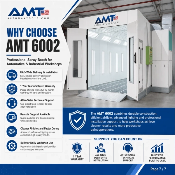 <p data-start="189" data-end="528"><strong data-start="189" data-end="212">AMT 6002 Paintbooth</strong> is a premium, industrial-grade spray booth built for professional car painting. Designed with powerful airflow, Italian Riello burner, advanced Philips LED lighting, and triple filtration — it delivers cleaner finishes, faster curing, and full workshop efficiency. Includes delivery and  professional installation across the UAE.</p> <h3 data-start="535" data-end="595"><strong data-start="542" data-end="595">AMT 6002 Paintbooth – Product Specification </strong></h3> <div class="_tableContainer_80l1q_1"> <div class="_tableWrapper_80l1q_14 group flex w-fit flex-col-reverse" tabindex="-1"> <table class="w-fit min-w-(--thread-content-width)" data-start="597" data-end="2829"> <thead data-start="597" data-end="714"> <tr data-start="597" data-end="714"> <th data-start="597" data-end="629" data-col-size="sm"> <h3><strong data-start="599" data-end="610">Feature</strong></h3> </th> <th data-start="629" data-end="714" data-col-size="md"> <h3><strong data-start="631" data-end="648">Specification</strong></h3> </th> </tr> </thead> <tbody data-start="834" data-end="2829"> <tr data-start="834" data-end="951"> <td data-start="834" data-end="865" data-col-size="sm"><strong data-start="836" data-end="845">Model</strong></td> <td data-start="865" data-end="951" data-col-size="md">AMT 6002 Paintbooth</td> </tr> <tr data-start="952" data-end="1068"> <td data-start="952" data-end="983" data-col-size="sm"><strong data-start="954" data-end="969">Application</strong></td> <td data-col-size="md" data-start="983" data-end="1068">Automotive / Industrial Spray Painting</td> </tr> <tr data-start="1069" data-end="1186"> <td data-start="1069" data-end="1100" data-col-size="sm"><strong data-start="1071" data-end="1093">Dimensions (L×W×H)</strong></td> <td data-col-size="md" data-start="1100" data-end="1186">7000mm × 5400mm × 3400mm</td> </tr> <tr data-start="1187" data-end="1304"> <td data-start="1187" data-end="1218" data-col-size="sm"><strong data-start="1189" data-end="1198">Doors</strong></td> <td data-col-size="md" data-start="1218" data-end="1304">3 Main Doors (3000×2650mm), 1 Service Door (800×2000mm)</td> </tr> <tr data-start="1305" data-end="1421"> <td data-start="1305" data-end="1336" data-col-size="sm"><strong data-start="1307" data-end="1317">Burner</strong></td> <td data-col-size="md" data-start="1336" data-end="1421">G20 Riello (Made in Italy)</td> </tr> <tr data-start="1422" data-end="1539"> <td data-start="1422" data-end="1453" data-col-size="sm"><strong data-start="1424" data-end="1432">Fans</strong></td> <td data-col-size="md" data-start="1453" data-end="1539">Intake: 7.5KW, Exhaust: 5.5KW – Total Airflow: 24,000 m³/hr</td> </tr> <tr data-start="1540" data-end="1656"> <td data-start="1540" data-end="1571" data-col-size="sm"><strong data-start="1542" data-end="1561">Airflow Control</strong></td> <td data-col-size="md" data-start="1571" data-end="1656">Electric Belimo Damper (Swiss Engineered)</td> </tr> <tr data-start="1657" data-end="1773"> <td data-start="1657" data-end="1688" data-col-size="sm"><strong data-start="1659" data-end="1671">Lighting</strong></td> <td data-col-size="md" data-start="1688" data-end="1773">32 Philips LED (Roof), 20 (Side), 4 (Back) – Total: 56 LED Tubes</td> </tr> <tr data-start="1774" data-end="1890"> <td data-start="1774" data-end="1805" data-col-size="sm"><strong data-start="1776" data-end="1794">Control System</strong></td> <td data-start="1805" data-end="1890" data-col-size="md">Schneider Electrical Panel – with Painting, Baking, Timer & Emergency Stop</td> </tr> <tr data-start="1891" data-end="2007"> <td data-start="1891" data-end="1922" data-col-size="sm"><strong data-start="1893" data-end="1914">Filtration System</strong></td> <td data-col-size="md" data-start="1922" data-end="2007">CC-600G Roof Filter, Inlet Filter, Floor Filter</td> </tr> <tr data-start="2008" data-end="2124"> <td data-start="2008" data-end="2039" data-col-size="sm"><strong data-start="2010" data-end="2035">Wall & Panel Material</strong></td> <td data-col-size="md" data-start="2039" data-end="2124">50mm EPS Insulated Panels, 0.426mm Steel Thickness</td> </tr> <tr data-start="2125" data-end="2241"> <td data-start="2125" data-end="2156" data-col-size="sm"><strong data-start="2127" data-end="2142">Duct System</strong></td> <td data-col-size="md" data-start="2156" data-end="2241">3 Straight Ducts + 1 Elbow (700×700×910mm)</td> </tr> <tr data-start="2242" data-end="2359"> <td data-start="2242" data-end="2273" data-col-size="sm"><strong data-start="2244" data-end="2255">Chimney</strong></td> <td data-col-size="md" data-start="2273" data-end="2359">3m Zinc-Plated Steel, 0.8mm Thickness</td> </tr> <tr data-start="2360" data-end="2477"> <td data-start="2360" data-end="2391" data-col-size="sm"><strong data-start="2362" data-end="2371">Ramps</strong></td> <td data-col-size="md" data-start="2391" data-end="2477">Dual 1-Meter Steel Ramps (Internal + External)</td> </tr> <tr data-start="2478" data-end="2594"> <td data-start="2478" data-end="2509" data-col-size="sm"><strong data-start="2480" data-end="2496">Power Supply</strong></td> <td data-col-size="md" data-start="2509" data-end="2594">380V AC, 50Hz</td> </tr> <tr data-start="2595" data-end="2711"> <td data-start="2595" data-end="2626" data-col-size="sm"><strong data-start="2597" data-end="2613">Installation</strong></td> <td data-start="2626" data-end="2711" data-col-size="md">Included (UAE-Wide)</td> </tr> <tr data-start="2712" data-end="2829"> <td data-start="2712" data-end="2743" data-col-size="sm"><strong data-start="2714" data-end="2732">Remote Support</strong></td> <td data-start="2743" data-end="2829" data-col-size="md">Available</td> </tr> </tbody> </table> </div> </div> <div class="flex-1 overflow-hidden"> <div class="react-scroll-to-bottom--css-hpksf-79elbk h-full"> <div class="react-scroll-to-bottom--css-hpksf-1n7m0yu"> <div class="flex flex-col text-sm gizmo:pb-9 dark:bg-gray-800 gizmo:dark:bg-transparent"> <div class="group w-full text-token-text-primary border-b border-black/10 gizmo:border-0 dark:border-gray-900/50 gizmo:dark:border-0 bg-gray-50 gizmo:bg-transparent dark:bg-[#444654] gizmo:dark:bg-transparent" data-testid="conversation-turn-9"> <div class="p-4 gizmo:py-2 justify-center text-base md:gap-6 md:py-6 m-auto"> <div class="flex flex-1 gap-4 text-base mx-auto md:gap-6 gizmo:gap-3 gizmo:md:px-5 gizmo:lg:px-1 gizmo:xl:px-5 md:max-w-2xl lg:max-w-[38rem] gizmo:md:max-w-3xl gizmo:lg:max-w-[40rem] gizmo:xl:max-w-[48rem] xl:max-w-3xl }"> <div class="relative flex w-[calc(100%-50px)] flex-col gizmo:w-full lg:w-[calc(100%-115px)] agent-turn"> <div class="flex-col gap-1 md:gap-3"> <div class="flex justify-between empty:hidden gizmo:justify-start gizmo:gap-3 lg:block gizmo:lg:flex"></div> </div> </div> </div> </div> </div> <iframe title="YouTube video player" src="https://www.youtube.com/embed/DfuSnIQ4Oic?si=jwQS-p1QY8QiRFK4" width="560" height="315" frameborder="0" allowfullscreen="allowfullscreen"></iframe> </div> </div> </div> </div> <p data-start="189" data-end="528"><strong data-start="189" data-end="212">AMT 6002 Paintbooth</strong> is a premium, industrial-grade spray booth built for professional car painting. Designed with powerful airflow, Italian Riello burner, advanced Philips LED lighting, and triple filtration — it delivers cleaner finishes, faster curing, and full workshop efficiency. Includes delivery and  professional installation across the UAE.</p> <h3 data-start="535" data-end="595"><strong data-start="542" data-end="595">AMT 6002 Paintbooth – Product Specification </strong></h3> <div class="_tableContainer_80l1q_1"> <div class="_tableWrapper_80l1q_14 group flex w-fit flex-col-reverse" tabindex="-1"> <table class="w-fit min-w-(--thread-content-width)" data-start="597" data-end="2829"> <thead data-start="597" data-end="714"> <tr data-start="597" data-end="714"> <th data-start="597" data-end="629" data-col-size="sm"> <h3><strong data-start="599" data-end="610">Feature</strong></h3> </th> <th data-start="629" data-end="714" data-col-size="md"> <h3><strong data-start="631" data-end="648">Specification</strong></h3> </th> </tr> </thead> <tbody data-start="834" data-end="2829"> <tr data-start="834" data-end="951"> <td data-start="834" data-end="865" data-col-size="sm"><strong data-start="836" data-end="845">Model</strong></td> <td data-start="865" data-end="951" data-col-size="md">AMT 6002 Paintbooth</td> </tr> <tr data-start="952" data-end="1068"> <td data-start="952" data-end="983" data-col-size="sm"><strong data-start="954" data-end="969">Application</strong></td> <td data-col-size="md" data-start="983" data-end="1068">Automotive / Industrial Spray Painting</td> </tr> <tr data-start="1069" data-end="1186"> <td data-start="1069" data-end="1100" data-col-size="sm"><strong data-start="1071" data-end="1093">Dimensions (L×W×H)</strong></td> <td data-col-size="md" data-start="1100" data-end="1186">7000mm × 5400mm × 3400mm</td> </tr> <tr data-start="1187" data-end="1304"> <td data-start="1187" data-end="1218" data-col-size="sm"><strong data-start="1189" data-end="1198">Doors</strong></td> <td data-col-size="md" data-start="1218" data-end="1304">3 Main Doors (3000×2650mm), 1 Service Door (800×2000mm)</td> </tr> <tr data-start="1305" data-end="1421"> <td data-start="1305" data-end="1336" data-col-size="sm"><strong data-start="1307" data-end="1317">Burner</strong></td> <td data-col-size="md" data-start="1336" data-end="1421">G20 Riello (Made in Italy)</td> </tr> <tr data-start="1422" data-end="1539"> <td data-start="1422" data-end="1453" data-col-size="sm"><strong data-start="1424" data-end="1432">Fans</strong></td> <td data-col-size="md" data-start="1453" data-end="1539">Intake: 7.5KW, Exhaust: 5.5KW – Total Airflow: 24,000 m³/hr</td> </tr> <tr data-start="1540" data-end="1656"> <td data-start="1540" data-end="1571" data-col-size="sm"><strong data-start="1542" data-end="1561">Airflow Control</strong></td> <td data-col-size="md" data-start="1571" data-end="1656">Electric Belimo Damper (Swiss Engineered)</td> </tr> <tr data-start="1657" data-end="1773"> <td data-start="1657" data-end="1688" data-col-size="sm"><strong data-start="1659" data-end="1671">Lighting</strong></td> <td data-col-size="md" data-start="1688" data-end="1773">32 Philips LED (Roof), 20 (Side), 4 (Back) – Total: 56 LED Tubes</td> </tr> <tr data-start="1774" data-end="1890"> <td data-start="1774" data-end="1805" data-col-size="sm"><strong data-start="1776" data-end="1794">Control System</strong></td> <td data-start="1805" data-end="1890" data-col-size="md">Schneider Electrical Panel – with Painting, Baking, Timer & Emergency Stop</td> </tr> <tr data-start="1891" data-end="2007"> <td data-start="1891" data-end="1922" data-col-size="sm"><strong data-start="1893" data-end="1914">Filtration System</strong></td> <td data-col-size="md" data-start="1922" data-end="2007">CC-600G Roof Filter, Inlet Filter, Floor Filter</td> </tr> <tr data-start="2008" data-end="2124"> <td data-start="2008" data-end="2039" data-col-size="sm"><strong data-start="2010" data-end="2035">Wall & Panel Material</strong></td> <td data-col-size="md" data-start="2039" data-end="2124">50mm EPS Insulated Panels, 0.426mm Steel Thickness</td> </tr> <tr data-start="2125" data-end="2241"> <td data-start="2125" data-end="2156" data-col-size="sm"><strong data-start="2127" data-end="2142">Duct System</strong></td> <td data-col-size="md" data-start="2156" data-end="2241">3 Straight Ducts + 1 Elbow (700×700×910mm)</td> </tr> <tr data-start="2242" data-end="2359"> <td data-start="2242" data-end="2273" data-col-size="sm"><strong data-start="2244" data-end="2255">Chimney</strong></td> <td data-col-size="md" data-start="2273" data-end="2359">3m Zinc-Plated Steel, 0.8mm Thickness</td> </tr> <tr data-start="2360" data-end="2477"> <td data-start="2360" data-end="2391" data-col-size="sm"><strong data-start="2362" data-end="2371">Ramps</strong></td> <td data-col-size="md" data-start="2391" data-end="2477">Dual 1-Meter Steel Ramps (Internal + External)</td> </tr> <tr data-start="2478" data-end="2594"> <td data-start="2478" data-end="2509" data-col-size="sm"><strong data-start="2480" data-end="2496">Power Supply</strong></td> <td data-col-size="md" data-start="2509" data-end="2594">380V AC, 50Hz</td> </tr> <tr data-start="2595" data-end="2711"> <td data-start="2595" data-end="2626" data-col-size="sm"><strong data-start="2597" data-end="2613">Installation</strong></td> <td data-start="2626" data-end="2711" data-col-size="md">Included (UAE-Wide)</td> </tr> <tr data-start="2712" data-end="2829"> <td data-start="2712" data-end="2743" data-col-size="sm"><strong data-start="2714" data-end="2732">Remote Support</strong></td> <td data-start="2743" data-end="2829" data-col-size="md">Available</td> </tr> </tbody> </table> </div> </div> <div class="flex-1 overflow-hidden"> <div class="react-scroll-to-bottom--css-hpksf-79elbk h-full"> <div class="react-scroll-to-bottom--css-hpksf-1n7m0yu"> <div class="flex flex-col text-sm gizmo:pb-9 dark:bg-gray-800 gizmo:dark:bg-transparent"> <div class="group w-full text-token-text-primary border-b border-black/10 gizmo:border-0 dark:border-gray-900/50 gizmo:dark:border-0 bg-gray-50 gizmo:bg-transparent dark:bg-[#444654] gizmo:dark:bg-transparent" data-testid="conversation-turn-9"> <div class="p-4 gizmo:py-2 justify-center text-base md:gap-6 md:py-6 m-auto"> <div class="flex flex-1 gap-4 text-base mx-auto md:gap-6 gizmo:gap-3 gizmo:md:px-5 gizmo:lg:px-1 gizmo:xl:px-5 md:max-w-2xl lg:max-w-[38rem] gizmo:md:max-w-3xl gizmo:lg:max-w-[40rem] gizmo:xl:max-w-[48rem] xl:max-w-3xl }"> <div class="relative flex w-[calc(100%-50px)] flex-col gizmo:w-full lg:w-[calc(100%-115px)] agent-turn"> <div class="flex-col gap-1 md:gap-3"> <div class="flex justify-between empty:hidden gizmo:justify-start gizmo:gap-3 lg:block gizmo:lg:flex"></div> </div> </div> </div> </div> </div> <iframe title="YouTube video player" src="https://www.youtube.com/embed/DfuSnIQ4Oic?si=jwQS-p1QY8QiRFK4" width="560" height="315" frameborder="0" allowfullscreen="allowfullscreen"></iframe> </div> </div> </div> </div>