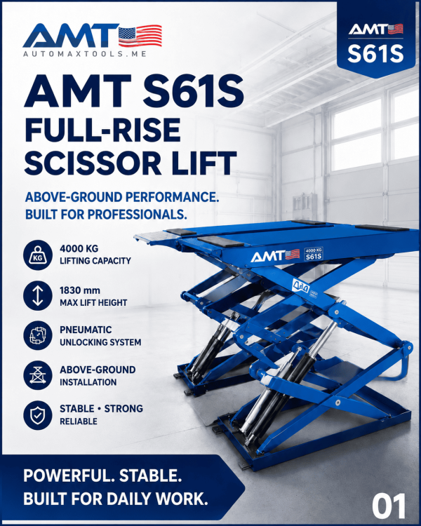 <h2 data-start="241" data-end="305">AMT S61S Full Rise Scissor Lift, 4000KG Capacity, Above-Ground Installation, Pneumatic Unlocking, 1830mm Max Lift Height, 1530-2140mm Platform Length, 665mm Platform Width, 110mm Initial Height, ~60s Lift / ~50s Lowering, Workshop Car Lift</h2> <table> <thead> <tr> <th>Specification</th> <th>Value</th> </tr> </thead> <tbody> <tr> <td>Model</td> <td><strong>AMT S61S</strong></td> </tr> <tr> <td>Installation</td> <td><strong>Above-Ground Installation</strong></td> </tr> <tr> <td>Locking System</td> <td><strong>Pneumatic Unlocking</strong></td> </tr> <tr> <td>Max Lifting Capacity</td> <td><strong>4000 kg</strong></td> </tr> <tr> <td>Max Lifting Height</td> <td><strong>1830 mm</strong></td> </tr> <tr> <td>Platform Length</td> <td><strong>1530 – 2140 mm</strong></td> </tr> <tr> <td>Platform Width</td> <td><strong>665 mm</strong></td> </tr> <tr> <td>Initial Height</td> <td><strong>110 mm</strong></td> </tr> <tr> <td>Lifting Time</td> <td><strong>About 60 sec</strong></td> </tr> <tr> <td>Lowering Time</td> <td><strong>About 50 sec</strong></td> </tr> <tr> <td>Hydraulic Oil</td> <td><strong>ISO 46#</strong></td> </tr> </tbody> </table> <h2 data-start="241" data-end="305">AMT S61S Full Rise Scissor Lift, 4000KG Capacity, Above-Ground Installation, Pneumatic Unlocking, 1830mm Max Lift Height, 1530-2140mm Platform Length, 665mm Platform Width, 110mm Initial Height, ~60s Lift / ~50s Lowering, Workshop Car Lift</h2> <table> <thead> <tr> <th>Specification</th> <th>Value</th> </tr> </thead> <tbody> <tr> <td>Model</td> <td><strong>AMT S61S</strong></td> </tr> <tr> <td>Installation</td> <td><strong>Above-Ground Installation</strong></td> </tr> <tr> <td>Locking System</td> <td><strong>Pneumatic Unlocking</strong></td> </tr> <tr> <td>Max Lifting Capacity</td> <td><strong>4000 kg</strong></td> </tr> <tr> <td>Max Lifting Height</td> <td><strong>1830 mm</strong></td> </tr> <tr> <td>Platform Length</td> <td><strong>1530 – 2140 mm</strong></td> </tr> <tr> <td>Platform Width</td> <td><strong>665 mm</strong></td> </tr> <tr> <td>Initial Height</td> <td><strong>110 mm</strong></td> </tr> <tr> <td>Lifting Time</td> <td><strong>About 60 sec</strong></td> </tr> <tr> <td>Lowering Time</td> <td><strong>About 50 sec</strong></td> </tr> <tr> <td>Hydraulic Oil</td> <td><strong>ISO 46#</strong></td> </tr> </tbody> </table>