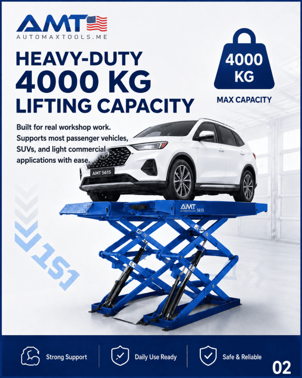 <h2 data-start="241" data-end="305">AMT S61S Full Rise Scissor Lift, 4000KG Capacity, Above-Ground Installation, Pneumatic Unlocking, 1830mm Max Lift Height, 1530-2140mm Platform Length, 665mm Platform Width, 110mm Initial Height, ~60s Lift / ~50s Lowering, Workshop Car Lift</h2> <table> <thead> <tr> <th>Specification</th> <th>Value</th> </tr> </thead> <tbody> <tr> <td>Model</td> <td><strong>AMT S61S</strong></td> </tr> <tr> <td>Installation</td> <td><strong>Above-Ground Installation</strong></td> </tr> <tr> <td>Locking System</td> <td><strong>Pneumatic Unlocking</strong></td> </tr> <tr> <td>Max Lifting Capacity</td> <td><strong>4000 kg</strong></td> </tr> <tr> <td>Max Lifting Height</td> <td><strong>1830 mm</strong></td> </tr> <tr> <td>Platform Length</td> <td><strong>1530 – 2140 mm</strong></td> </tr> <tr> <td>Platform Width</td> <td><strong>665 mm</strong></td> </tr> <tr> <td>Initial Height</td> <td><strong>110 mm</strong></td> </tr> <tr> <td>Lifting Time</td> <td><strong>About 60 sec</strong></td> </tr> <tr> <td>Lowering Time</td> <td><strong>About 50 sec</strong></td> </tr> <tr> <td>Hydraulic Oil</td> <td><strong>ISO 46#</strong></td> </tr> </tbody> </table> <h2 data-start="241" data-end="305">AMT S61S Full Rise Scissor Lift, 4000KG Capacity, Above-Ground Installation, Pneumatic Unlocking, 1830mm Max Lift Height, 1530-2140mm Platform Length, 665mm Platform Width, 110mm Initial Height, ~60s Lift / ~50s Lowering, Workshop Car Lift</h2> <table> <thead> <tr> <th>Specification</th> <th>Value</th> </tr> </thead> <tbody> <tr> <td>Model</td> <td><strong>AMT S61S</strong></td> </tr> <tr> <td>Installation</td> <td><strong>Above-Ground Installation</strong></td> </tr> <tr> <td>Locking System</td> <td><strong>Pneumatic Unlocking</strong></td> </tr> <tr> <td>Max Lifting Capacity</td> <td><strong>4000 kg</strong></td> </tr> <tr> <td>Max Lifting Height</td> <td><strong>1830 mm</strong></td> </tr> <tr> <td>Platform Length</td> <td><strong>1530 – 2140 mm</strong></td> </tr> <tr> <td>Platform Width</td> <td><strong>665 mm</strong></td> </tr> <tr> <td>Initial Height</td> <td><strong>110 mm</strong></td> </tr> <tr> <td>Lifting Time</td> <td><strong>About 60 sec</strong></td> </tr> <tr> <td>Lowering Time</td> <td><strong>About 50 sec</strong></td> </tr> <tr> <td>Hydraulic Oil</td> <td><strong>ISO 46#</strong></td> </tr> </tbody> </table>