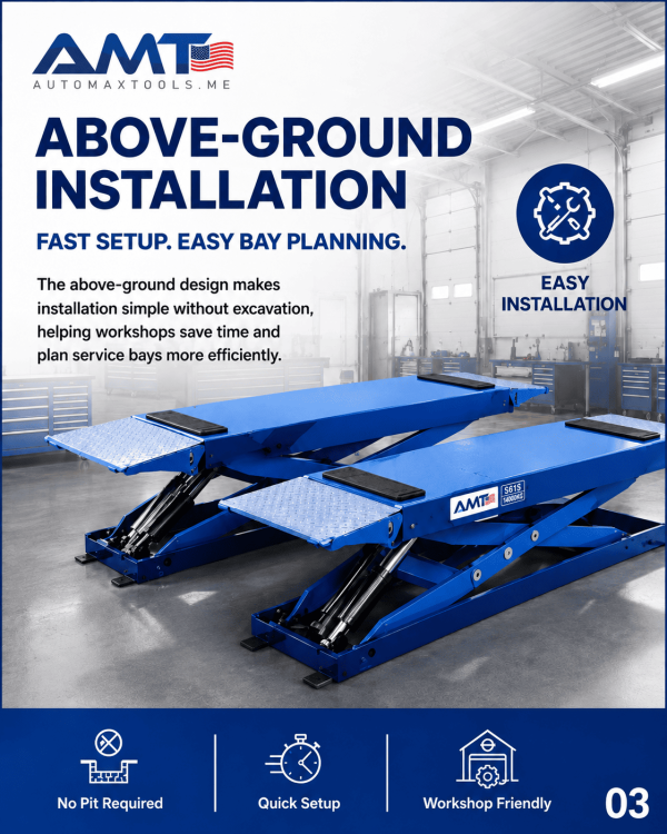 <h2 data-start="241" data-end="305">AMT S61S Full Rise Scissor Lift, 4000KG Capacity, Above-Ground Installation, Pneumatic Unlocking, 1830mm Max Lift Height, 1530-2140mm Platform Length, 665mm Platform Width, 110mm Initial Height, ~60s Lift / ~50s Lowering, Workshop Car Lift</h2> <table> <thead> <tr> <th>Specification</th> <th>Value</th> </tr> </thead> <tbody> <tr> <td>Model</td> <td><strong>AMT S61S</strong></td> </tr> <tr> <td>Installation</td> <td><strong>Above-Ground Installation</strong></td> </tr> <tr> <td>Locking System</td> <td><strong>Pneumatic Unlocking</strong></td> </tr> <tr> <td>Max Lifting Capacity</td> <td><strong>4000 kg</strong></td> </tr> <tr> <td>Max Lifting Height</td> <td><strong>1830 mm</strong></td> </tr> <tr> <td>Platform Length</td> <td><strong>1530 – 2140 mm</strong></td> </tr> <tr> <td>Platform Width</td> <td><strong>665 mm</strong></td> </tr> <tr> <td>Initial Height</td> <td><strong>110 mm</strong></td> </tr> <tr> <td>Lifting Time</td> <td><strong>About 60 sec</strong></td> </tr> <tr> <td>Lowering Time</td> <td><strong>About 50 sec</strong></td> </tr> <tr> <td>Hydraulic Oil</td> <td><strong>ISO 46#</strong></td> </tr> </tbody> </table> <h2 data-start="241" data-end="305">AMT S61S Full Rise Scissor Lift, 4000KG Capacity, Above-Ground Installation, Pneumatic Unlocking, 1830mm Max Lift Height, 1530-2140mm Platform Length, 665mm Platform Width, 110mm Initial Height, ~60s Lift / ~50s Lowering, Workshop Car Lift</h2> <table> <thead> <tr> <th>Specification</th> <th>Value</th> </tr> </thead> <tbody> <tr> <td>Model</td> <td><strong>AMT S61S</strong></td> </tr> <tr> <td>Installation</td> <td><strong>Above-Ground Installation</strong></td> </tr> <tr> <td>Locking System</td> <td><strong>Pneumatic Unlocking</strong></td> </tr> <tr> <td>Max Lifting Capacity</td> <td><strong>4000 kg</strong></td> </tr> <tr> <td>Max Lifting Height</td> <td><strong>1830 mm</strong></td> </tr> <tr> <td>Platform Length</td> <td><strong>1530 – 2140 mm</strong></td> </tr> <tr> <td>Platform Width</td> <td><strong>665 mm</strong></td> </tr> <tr> <td>Initial Height</td> <td><strong>110 mm</strong></td> </tr> <tr> <td>Lifting Time</td> <td><strong>About 60 sec</strong></td> </tr> <tr> <td>Lowering Time</td> <td><strong>About 50 sec</strong></td> </tr> <tr> <td>Hydraulic Oil</td> <td><strong>ISO 46#</strong></td> </tr> </tbody> </table>