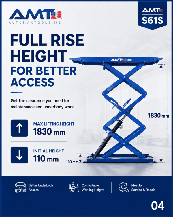 <h2 data-start="241" data-end="305">AMT S61S Full Rise Scissor Lift, 4000KG Capacity, Above-Ground Installation, Pneumatic Unlocking, 1830mm Max Lift Height, 1530-2140mm Platform Length, 665mm Platform Width, 110mm Initial Height, ~60s Lift / ~50s Lowering, Workshop Car Lift</h2> <table> <thead> <tr> <th>Specification</th> <th>Value</th> </tr> </thead> <tbody> <tr> <td>Model</td> <td><strong>AMT S61S</strong></td> </tr> <tr> <td>Installation</td> <td><strong>Above-Ground Installation</strong></td> </tr> <tr> <td>Locking System</td> <td><strong>Pneumatic Unlocking</strong></td> </tr> <tr> <td>Max Lifting Capacity</td> <td><strong>4000 kg</strong></td> </tr> <tr> <td>Max Lifting Height</td> <td><strong>1830 mm</strong></td> </tr> <tr> <td>Platform Length</td> <td><strong>1530 – 2140 mm</strong></td> </tr> <tr> <td>Platform Width</td> <td><strong>665 mm</strong></td> </tr> <tr> <td>Initial Height</td> <td><strong>110 mm</strong></td> </tr> <tr> <td>Lifting Time</td> <td><strong>About 60 sec</strong></td> </tr> <tr> <td>Lowering Time</td> <td><strong>About 50 sec</strong></td> </tr> <tr> <td>Hydraulic Oil</td> <td><strong>ISO 46#</strong></td> </tr> </tbody> </table> <h2 data-start="241" data-end="305">AMT S61S Full Rise Scissor Lift, 4000KG Capacity, Above-Ground Installation, Pneumatic Unlocking, 1830mm Max Lift Height, 1530-2140mm Platform Length, 665mm Platform Width, 110mm Initial Height, ~60s Lift / ~50s Lowering, Workshop Car Lift</h2> <table> <thead> <tr> <th>Specification</th> <th>Value</th> </tr> </thead> <tbody> <tr> <td>Model</td> <td><strong>AMT S61S</strong></td> </tr> <tr> <td>Installation</td> <td><strong>Above-Ground Installation</strong></td> </tr> <tr> <td>Locking System</td> <td><strong>Pneumatic Unlocking</strong></td> </tr> <tr> <td>Max Lifting Capacity</td> <td><strong>4000 kg</strong></td> </tr> <tr> <td>Max Lifting Height</td> <td><strong>1830 mm</strong></td> </tr> <tr> <td>Platform Length</td> <td><strong>1530 – 2140 mm</strong></td> </tr> <tr> <td>Platform Width</td> <td><strong>665 mm</strong></td> </tr> <tr> <td>Initial Height</td> <td><strong>110 mm</strong></td> </tr> <tr> <td>Lifting Time</td> <td><strong>About 60 sec</strong></td> </tr> <tr> <td>Lowering Time</td> <td><strong>About 50 sec</strong></td> </tr> <tr> <td>Hydraulic Oil</td> <td><strong>ISO 46#</strong></td> </tr> </tbody> </table>