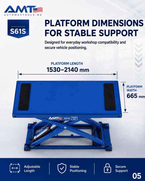 <h2 data-start="241" data-end="305">AMT S61S Full Rise Scissor Lift, 4000KG Capacity, Above-Ground Installation, Pneumatic Unlocking, 1830mm Max Lift Height, 1530-2140mm Platform Length, 665mm Platform Width, 110mm Initial Height, ~60s Lift / ~50s Lowering, Workshop Car Lift</h2> <table> <thead> <tr> <th>Specification</th> <th>Value</th> </tr> </thead> <tbody> <tr> <td>Model</td> <td><strong>AMT S61S</strong></td> </tr> <tr> <td>Installation</td> <td><strong>Above-Ground Installation</strong></td> </tr> <tr> <td>Locking System</td> <td><strong>Pneumatic Unlocking</strong></td> </tr> <tr> <td>Max Lifting Capacity</td> <td><strong>4000 kg</strong></td> </tr> <tr> <td>Max Lifting Height</td> <td><strong>1830 mm</strong></td> </tr> <tr> <td>Platform Length</td> <td><strong>1530 – 2140 mm</strong></td> </tr> <tr> <td>Platform Width</td> <td><strong>665 mm</strong></td> </tr> <tr> <td>Initial Height</td> <td><strong>110 mm</strong></td> </tr> <tr> <td>Lifting Time</td> <td><strong>About 60 sec</strong></td> </tr> <tr> <td>Lowering Time</td> <td><strong>About 50 sec</strong></td> </tr> <tr> <td>Hydraulic Oil</td> <td><strong>ISO 46#</strong></td> </tr> </tbody> </table> <h2 data-start="241" data-end="305">AMT S61S Full Rise Scissor Lift, 4000KG Capacity, Above-Ground Installation, Pneumatic Unlocking, 1830mm Max Lift Height, 1530-2140mm Platform Length, 665mm Platform Width, 110mm Initial Height, ~60s Lift / ~50s Lowering, Workshop Car Lift</h2> <table> <thead> <tr> <th>Specification</th> <th>Value</th> </tr> </thead> <tbody> <tr> <td>Model</td> <td><strong>AMT S61S</strong></td> </tr> <tr> <td>Installation</td> <td><strong>Above-Ground Installation</strong></td> </tr> <tr> <td>Locking System</td> <td><strong>Pneumatic Unlocking</strong></td> </tr> <tr> <td>Max Lifting Capacity</td> <td><strong>4000 kg</strong></td> </tr> <tr> <td>Max Lifting Height</td> <td><strong>1830 mm</strong></td> </tr> <tr> <td>Platform Length</td> <td><strong>1530 – 2140 mm</strong></td> </tr> <tr> <td>Platform Width</td> <td><strong>665 mm</strong></td> </tr> <tr> <td>Initial Height</td> <td><strong>110 mm</strong></td> </tr> <tr> <td>Lifting Time</td> <td><strong>About 60 sec</strong></td> </tr> <tr> <td>Lowering Time</td> <td><strong>About 50 sec</strong></td> </tr> <tr> <td>Hydraulic Oil</td> <td><strong>ISO 46#</strong></td> </tr> </tbody> </table>