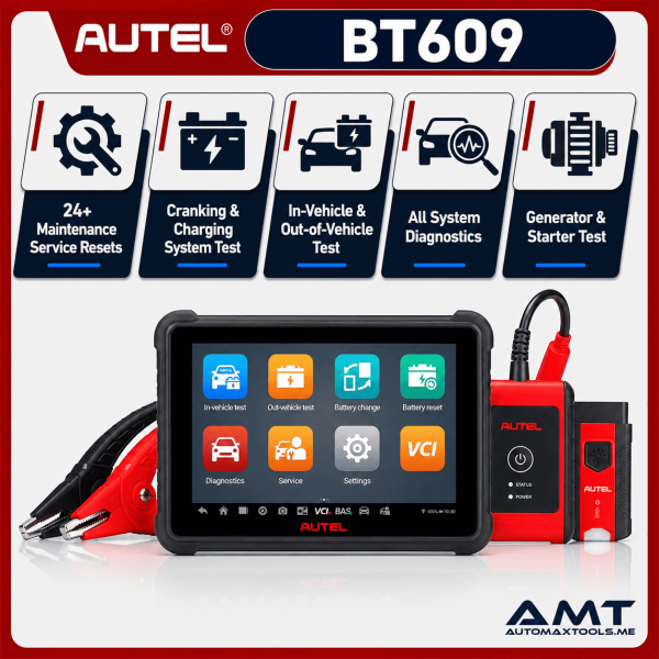 <div class="et_pb_module et_pb_wc_title et_pb_wc_title_0_tb_body product-header et_pb_bg_layout_light"> <h4>The Autel MaxiBAS BT609 is a professional 7” battery, electrical-system and vehicle diagnostic tablet built for workshops, battery centers and automotive technicians. It combines 100–3000 CCA battery analysis, starter and charging tests, battery registration and OE-level all-system diagnostics in one wireless platform.</h4> Use Adaptive Conductance technology for in-vehicle and out-of-vehicle battery testing, perform AutoVIN vehicle identification, read and clear fault codes, view live data and run bi-directional active tests. The BT609 also provides an expanded 40+ service menu for common resets, relearns and maintenance procedures. Powered by Android 9 with 2GB RAM, 64GB storage, an 8MP camera and a 5800mAh battery, the BT609 includes wireless MaxiVCI V200 communication and professional reporting. Automax Tools UAE package includes 2 years of software updates and a 1-year warranty. </div> <div class="et_pb_module et_pb_wc_description et_pb_wc_description_0_tb_body et_pb_bg_layout_light et_pb_text_align_left"> <div class="et_pb_module_inner"> <table> <thead> <tr> <th>Specification</th> <th>Autel MaxiBAS BT609</th> </tr> </thead> <tbody> <tr> <td>Product Type</td> <td>Professional Battery & All-System Diagnostic Tablet</td> </tr> <tr> <td>Operating System</td> <td>Android 9.0</td> </tr> <tr> <td>Display</td> <td>7.0″ TFT-LCD Capacitive Touchscreen</td> </tr> <tr> <td>Display Resolution</td> <td>1280 × 800</td> </tr> <tr> <td>Memory</td> <td>2GB RAM</td> </tr> <tr> <td>Storage</td> <td>64GB On-Board Memory</td> </tr> <tr> <td>Expandable Storage</td> <td>Micro SD Card – Up to 128GB</td> </tr> <tr> <td>Processor</td> <td>1.5GHz Cortex-A35 Quad-Core</td> </tr> <tr> <td>Battery Testing</td> <td>6V & 12V Automotive Batteries</td> </tr> <tr> <td>CCA Range</td> <td>100–3000 CCA</td> </tr> <tr> <td>Cranking / Charging Systems</td> <td>12V & 24V</td> </tr> <tr> <td>Battery Analysis Technology</td> <td>Adaptive Conductance</td> </tr> <tr> <td>In-Vehicle Testing</td> <td>Supported</td> </tr> <tr> <td>Out-of-Vehicle Testing</td> <td>Supported</td> </tr> <tr> <td>Battery Types</td> <td>Flooded, AGM, AGM Spiral, EFB & GEL</td> </tr> <tr> <td>Battery Rating Standards</td> <td>CCA, CA, MCA, JIS, DIN, SAE, IEC, EN, EN2, BCI & GB</td> </tr> <tr> <td>Battery Registration</td> <td>Supported – Up to 53 Vehicle Makes</td> </tr> <tr> <td>Battery Replacement Guidance</td> <td>Supported</td> </tr> <tr> <td>Battery Location Diagrams</td> <td>Supported</td> </tr> <tr> <td>Electrical Reset</td> <td>Supported</td> </tr> <tr> <td>Vehicle Identification</td> <td>AutoVIN, VIN Scan & Plate Scan</td> </tr> <tr> <td>All-System Diagnostics</td> <td>Supported</td> </tr> <tr> <td>Auto Scan</td> <td>Supported</td> </tr> <tr> <td>Read / Clear Codes</td> <td>Supported</td> </tr> <tr> <td>Live Data</td> <td>Supported</td> </tr> <tr> <td>Freeze Frame</td> <td>Supported</td> </tr> <tr> <td>ECU Information</td> <td>Supported</td> </tr> <tr> <td>Bi-Directional Control</td> <td>Yes – Active Tests</td> </tr> <tr> <td>Service Functions</td> <td>40+ Service Tasks, Resets & Relearns</td> </tr> <tr> <td>Oil Reset</td> <td>Supported</td> </tr> <tr> <td>EPB Service</td> <td>Supported</td> </tr> <tr> <td>TPMS Service</td> <td>Supported</td> </tr> <tr> <td>BMS Service</td> <td>Supported</td> </tr> <tr> <td>DPF Service</td> <td>Supported</td> </tr> <tr> <td>IMMO Service</td> <td>Supported</td> </tr> <tr> <td>SAS Service</td> <td>Supported</td> </tr> <tr> <td>Included Battery Tester</td> <td>MaxiBAS B200 Series Tester</td> </tr> <tr> <td>Included VCI</td> <td>MaxiVCI V200</td> </tr> <tr> <td>Optional Multimeter</td> <td>Supported with Autel BTAK – Sold Separately</td> </tr> <tr> <td>Wi-Fi</td> <td>IEEE 802.11 a/b/g/n/ac</td> </tr> <tr> <td>Bluetooth</td> <td>Bluetooth 5.0 + EDR + BLE</td> </tr> <tr> <td>USB</td> <td>USB 2.0 – USB Host + USB OTG</td> </tr> <tr> <td>Camera</td> <td>8 Megapixel</td> </tr> <tr> <td>Sensor</td> <td>Ambient Light Sensor</td> </tr> <tr> <td>Audio</td> <td>Microphone & Loudspeaker</td> </tr> <tr> <td>Internal Battery</td> <td>3.85V / 5800mAh Lithium-Polymer</td> </tr> <tr> <td>Battery Runtime</td> <td>Approximately 6 Hours</td> </tr> <tr> <td>Input Voltage</td> <td>5V / 2A Adapter</td> </tr> <tr> <td>Operating Temperature</td> <td>0°C to 50°C (32°F to 122°F)</td> </tr> <tr> <td>Storage Temperature</td> <td>-10°C to 60°C (14°F to 140°F)</td> </tr> <tr> <td>Dimensions</td> <td>197 × 135 × 14 mm</td> </tr> <tr> <td>Weight</td> <td>445g (0.98 lb.)</td> </tr> <tr> <td>Report Sharing</td> <td>Wi-Fi / Email / Cloud</td> </tr> <tr> <td>Software Updates</td> <td>2 Years Included – Automax Tools UAE Package</td> </tr> <tr> <td>Warranty</td> <td>1 Year</td> </tr> </tbody> </table> &nbsp; <span style="font-weight: 500; color: #5e5e5e;">Autel MaxiBAS BT609 Quick Start Guide</span> &nbsp; <span style="font-weight: 500; color: #5e5e5e;"> <a class="download-pdf" href="https://autel.com/us/wp-content/uploads/MaxiBAS_BT609_Quick_Start_Guide.pdf" target="_blank" rel="noopener"> View / Download BT609 Guide </a> </span> &nbsp; <a href="https://m.media-amazon.com/images/I/71yu5TG+omL._AC_SL1500_.jpg"> <img class="wp-image aligncenter" src="https://m.media-amazon.com/images/I/71yu5TG+omL._AC_SL1500_.jpg" alt="Autel MaxiBAS BT609 battery diagnostic scanner UAE" width="807" height="807" /> </a> </div> </div> <h3><span style="color: #d2322a;"> <strong>1 Year Warranty. 2 Years Software Updates Included.</strong> </span></h3> <h4 style="color: red;">IP Restriction (works only in India, Middle East and Africa).</h4> <div class="et_pb_module et_pb_wc_title et_pb_wc_title_0_tb_body product-header et_pb_bg_layout_light"> <h4>The Autel MaxiBAS BT609 is a professional 7” battery, electrical-system and vehicle diagnostic tablet built for workshops, battery centers and automotive technicians. It combines 100–3000 CCA battery analysis, starter and charging tests, battery registration and OE-level all-system diagnostics in one wireless platform.</h4> Use Adaptive Conductance technology for in-vehicle and out-of-vehicle battery testing, perform AutoVIN vehicle identification, read and clear fault codes, view live data and run bi-directional active tests. The BT609 also provides an expanded 40+ service menu for common resets, relearns and maintenance procedures. Powered by Android 9 with 2GB RAM, 64GB storage, an 8MP camera and a 5800mAh battery, the BT609 includes wireless MaxiVCI V200 communication and professional reporting. Automax Tools UAE package includes 2 years of software updates and a 1-year warranty. </div> <div class="et_pb_module et_pb_wc_description et_pb_wc_description_0_tb_body et_pb_bg_layout_light et_pb_text_align_left"> <div class="et_pb_module_inner"> <table> <thead> <tr> <th>Specification</th> <th>Autel MaxiBAS BT609</th> </tr> </thead> <tbody> <tr> <td>Product Type</td> <td>Professional Battery & All-System Diagnostic Tablet</td> </tr> <tr> <td>Operating System</td> <td>Android 9.0</td> </tr> <tr> <td>Display</td> <td>7.0″ TFT-LCD Capacitive Touchscreen</td> </tr> <tr> <td>Display Resolution</td> <td>1280 × 800</td> </tr> <tr> <td>Memory</td> <td>2GB RAM</td> </tr> <tr> <td>Storage</td> <td>64GB On-Board Memory</td> </tr> <tr> <td>Expandable Storage</td> <td>Micro SD Card – Up to 128GB</td> </tr> <tr> <td>Processor</td> <td>1.5GHz Cortex-A35 Quad-Core</td> </tr> <tr> <td>Battery Testing</td> <td>6V & 12V Automotive Batteries</td> </tr> <tr> <td>CCA Range</td> <td>100–3000 CCA</td> </tr> <tr> <td>Cranking / Charging Systems</td> <td>12V & 24V</td> </tr> <tr> <td>Battery Analysis Technology</td> <td>Adaptive Conductance</td> </tr> <tr> <td>In-Vehicle Testing</td> <td>Supported</td> </tr> <tr> <td>Out-of-Vehicle Testing</td> <td>Supported</td> </tr> <tr> <td>Battery Types</td> <td>Flooded, AGM, AGM Spiral, EFB & GEL</td> </tr> <tr> <td>Battery Rating Standards</td> <td>CCA, CA, MCA, JIS, DIN, SAE, IEC, EN, EN2, BCI & GB</td> </tr> <tr> <td>Battery Registration</td> <td>Supported – Up to 53 Vehicle Makes</td> </tr> <tr> <td>Battery Replacement Guidance</td> <td>Supported</td> </tr> <tr> <td>Battery Location Diagrams</td> <td>Supported</td> </tr> <tr> <td>Electrical Reset</td> <td>Supported</td> </tr> <tr> <td>Vehicle Identification</td> <td>AutoVIN, VIN Scan & Plate Scan</td> </tr> <tr> <td>All-System Diagnostics</td> <td>Supported</td> </tr> <tr> <td>Auto Scan</td> <td>Supported</td> </tr> <tr> <td>Read / Clear Codes</td> <td>Supported</td> </tr> <tr> <td>Live Data</td> <td>Supported</td> </tr> <tr> <td>Freeze Frame</td> <td>Supported</td> </tr> <tr> <td>ECU Information</td> <td>Supported</td> </tr> <tr> <td>Bi-Directional Control</td> <td>Yes – Active Tests</td> </tr> <tr> <td>Service Functions</td> <td>40+ Service Tasks, Resets & Relearns</td> </tr> <tr> <td>Oil Reset</td> <td>Supported</td> </tr> <tr> <td>EPB Service</td> <td>Supported</td> </tr> <tr> <td>TPMS Service</td> <td>Supported</td> </tr> <tr> <td>BMS Service</td> <td>Supported</td> </tr> <tr> <td>DPF Service</td> <td>Supported</td> </tr> <tr> <td>IMMO Service</td> <td>Supported</td> </tr> <tr> <td>SAS Service</td> <td>Supported</td> </tr> <tr> <td>Included Battery Tester</td> <td>MaxiBAS B200 Series Tester</td> </tr> <tr> <td>Included VCI</td> <td>MaxiVCI V200</td> </tr> <tr> <td>Optional Multimeter</td> <td>Supported with Autel BTAK – Sold Separately</td> </tr> <tr> <td>Wi-Fi</td> <td>IEEE 802.11 a/b/g/n/ac</td> </tr> <tr> <td>Bluetooth</td> <td>Bluetooth 5.0 + EDR + BLE</td> </tr> <tr> <td>USB</td> <td>USB 2.0 – USB Host + USB OTG</td> </tr> <tr> <td>Camera</td> <td>8 Megapixel</td> </tr> <tr> <td>Sensor</td> <td>Ambient Light Sensor</td> </tr> <tr> <td>Audio</td> <td>Microphone & Loudspeaker</td> </tr> <tr> <td>Internal Battery</td> <td>3.85V / 5800mAh Lithium-Polymer</td> </tr> <tr> <td>Battery Runtime</td> <td>Approximately 6 Hours</td> </tr> <tr> <td>Input Voltage</td> <td>5V / 2A Adapter</td> </tr> <tr> <td>Operating Temperature</td> <td>0°C to 50°C (32°F to 122°F)</td> </tr> <tr> <td>Storage Temperature</td> <td>-10°C to 60°C (14°F to 140°F)</td> </tr> <tr> <td>Dimensions</td> <td>197 × 135 × 14 mm</td> </tr> <tr> <td>Weight</td> <td>445g (0.98 lb.)</td> </tr> <tr> <td>Report Sharing</td> <td>Wi-Fi / Email / Cloud</td> </tr> <tr> <td>Software Updates</td> <td>2 Years Included – Automax Tools UAE Package</td> </tr> <tr> <td>Warranty</td> <td>1 Year</td> </tr> </tbody> </table> &nbsp; <span style="font-weight: 500; color: #5e5e5e;">Autel MaxiBAS BT609 Quick Start Guide</span> &nbsp; <span style="font-weight: 500; color: #5e5e5e;"> <a class="download-pdf" href="https://autel.com/us/wp-content/uploads/MaxiBAS_BT609_Quick_Start_Guide.pdf" target="_blank" rel="noopener"> View / Download BT609 Guide </a> </span> &nbsp; <a href="https://m.media-amazon.com/images/I/71yu5TG+omL._AC_SL1500_.jpg"> <img class="wp-image aligncenter" src="https://m.media-amazon.com/images/I/71yu5TG+omL._AC_SL1500_.jpg" alt="Autel MaxiBAS BT609 battery diagnostic scanner UAE" width="807" height="807" /> </a> </div> </div> <h3><span style="color: #d2322a;"> <strong>1 Year Warranty. 2 Years Software Updates Included.</strong> </span></h3> <h4 style="color: red;">IP Restriction (works only in India, Middle East and Africa).</h4>