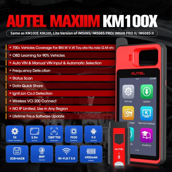 Autel MaxiIM KM100 Advanced Key Programmer Tablet | Smart Key Replacement for 700+ Vehicles | IMMO Programming for BMW, VW, Toyota, Honda, GM | One-Minute Key Generation | Chip Read & Write | AutoVin Identification | Android Tablet with 64GB Memory.