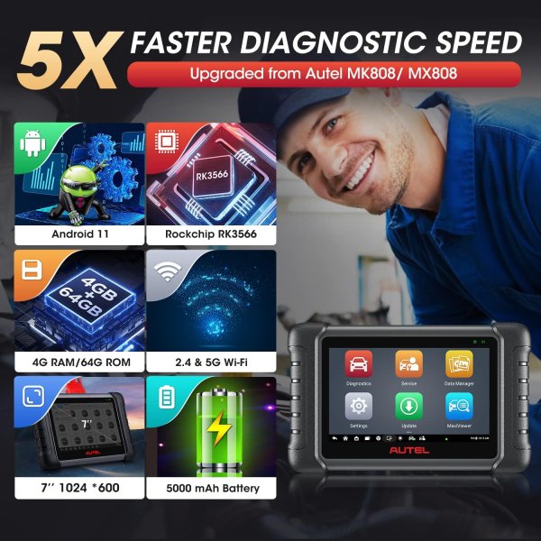 Autel Scanner MaxiCheck MX808S, 2024 US Ver of MaxiCOM MK808S/ MK808Z, Functions as MK900/ MX900, Full Bidirectional as MK900BT MK808BT PRO, 3K+ Active Test, 28+ Service, OE All System, OS 11, FCA SGW