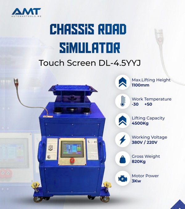 Suspension Abnormal Sound Detector Chassis Road Simulator, Powered by a multi-frequency high torque motor for precision testing! ⚙ Lifting Capacity: 4500kg ⚡ Voltage:220/380V 🖥 High-end Touch Screen for effortless operation 🔦 Built-in searchlights for better visibility
