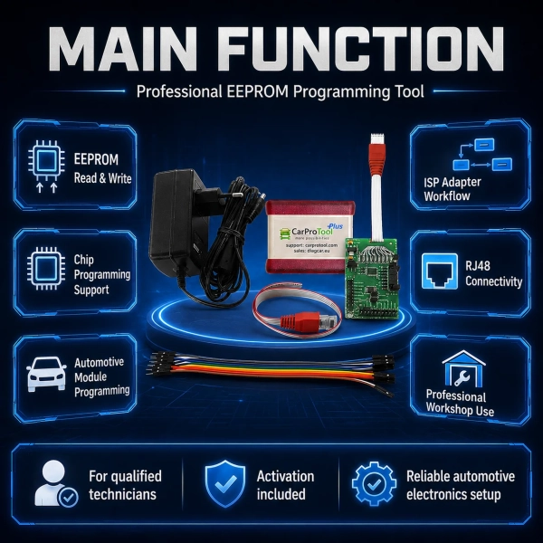 <p>Make specialist EEPROM work a core part of your workshop with the <strong>CarProTool Programmer Plus Global Version</strong>. Supplied with lifetime EEPROM Programmer activation, a CPT ISP adapter and connection accessories, this package gives automotive electronics technicians a dedicated platform for supported memory-chip programming.</p><ul><li><strong>Lifetime EEPROM activation:</strong> Included EEPROM Programmer activation is permanent.</li><li><strong>Broad listed chip support:</strong> Covers selected Atmel, Microchip, ST and other EEPROM families detailed below.</li><li><strong>Workshop connection accessories:</strong> CPT ISP adapter, ISP cables, RJ48 cable and power adapter are included.</li><li><strong>Focused electronics capability:</strong> A practical addition for technicians working with compatible automotive memory devices.</li></ul><h3>Technical Specifications</h3><table><tbody><tr><th>Version</th><td>Global Version</td></tr><tr><th>Programmer</th><td>CPT Programmer Plus</td></tr><tr><th>Included activation</th><td>Lifetime EEPROM Programmer</td></tr><tr><th>Connection accessories</th><td>CPT ISP adapter, CPT ISP adapter cables and RJ48 cable</td></tr><tr><th>Power</th><td>Power adapter included</td></tr></tbody></table> CarProTool <p>Make specialist EEPROM work a core part of your workshop with the <strong>CarProTool Programmer Plus Global Version</strong>. Supplied with lifetime EEPROM Programmer activation, a CPT ISP adapter and connection accessories, this package gives automotive electronics technicians a dedicated platform for supported memory-chip programming.</p><ul><li><strong>Lifetime EEPROM activation:</strong> Included EEPROM Programmer activation is permanent.</li><li><strong>Broad listed chip support:</strong> Covers selected Atmel, Microchip, ST and other EEPROM families detailed below.</li><li><strong>Workshop connection accessories:</strong> CPT ISP adapter, ISP cables, RJ48 cable and power adapter are included.</li><li><strong>Focused electronics capability:</strong> A practical addition for technicians working with compatible automotive memory devices.</li></ul><h3>Technical Specifications</h3><table><tbody><tr><th>Version</th><td>Global Version</td></tr><tr><th>Programmer</th><td>CPT Programmer Plus</td></tr><tr><th>Included activation</th><td>Lifetime EEPROM Programmer</td></tr><tr><th>Connection accessories</th><td>CPT ISP adapter, CPT ISP adapter cables and RJ48 cable</td></tr><tr><th>Power</th><td>Power adapter included</td></tr></tbody></table>
