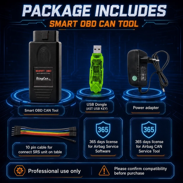 CHATGPT IMAGE MAY 13, 2026, 10_52_30 AM (2) <p>Bring focused SRS service capability to your workshop with the <strong>CarProTool Smart OBD CAN Tool Global Version</strong>. This airbag reset and crash data repair package combines Smart OBD hardware with 365-day Airbag Service and Airbag CAN Service software licences for supported modules.</p><ul><li><strong>OBD2 and bench flexibility:</strong> Perform supported SRS operations through the vehicle connection or on the bench; selected modules can be serviced without opening the housing.</li><li><strong>Multiple communication protocols:</strong> CAN, K-Line and GM-LAN support for compatible airbag controllers.</li><li><strong>365-day software access:</strong> Airbag Service Tool dump calculator and Airbag CAN Service Tool licences include unlimited calculations during the active subscription. Renewal is required after the included period.</li></ul><h3>Technical Specifications</h3><table><tbody><tr><th>Version</th><td>Global Version</td></tr><tr><th>Application</th><td>Supported SRS airbag module service and crash data repair</td></tr><tr><th>Connection modes</th><td>OBD2 / in-vehicle and bench, depending on module</td></tr><tr><th>Protocols</th><td>CAN, K-Line and GM-LAN</td></tr><tr><th>Included software</th><td>Airbag Service Tool and Airbag CAN Service Tool: 365 days</td></tr><tr><th>Calculations</th><td>Unlimited during the active 365-day subscription</td></tr><tr><th>Operating systems listed</th><td>Windows XP / 7 / 8 / 10 / 11; 32-bit and 64-bit</td></tr><tr><th>Internet</th><td>Required</td></tr><tr><th>Updates and technical support</th><td>1 year included</td></tr><tr><th>Warranty</th><td>1 year</td></tr></tbody></table> CarProTool <p>Bring focused SRS service capability to your workshop with the <strong>CarProTool Smart OBD CAN Tool Global Version</strong>. This airbag reset and crash data repair package combines Smart OBD hardware with 365-day Airbag Service and Airbag CAN Service software licences for supported modules.</p><ul><li><strong>OBD2 and bench flexibility:</strong> Perform supported SRS operations through the vehicle connection or on the bench; selected modules can be serviced without opening the housing.</li><li><strong>Multiple communication protocols:</strong> CAN, K-Line and GM-LAN support for compatible airbag controllers.</li><li><strong>365-day software access:</strong> Airbag Service Tool dump calculator and Airbag CAN Service Tool licences include unlimited calculations during the active subscription. Renewal is required after the included period.</li></ul><h3>Technical Specifications</h3><table><tbody><tr><th>Version</th><td>Global Version</td></tr><tr><th>Application</th><td>Supported SRS airbag module service and crash data repair</td></tr><tr><th>Connection modes</th><td>OBD2 / in-vehicle and bench, depending on module</td></tr><tr><th>Protocols</th><td>CAN, K-Line and GM-LAN</td></tr><tr><th>Included software</th><td>Airbag Service Tool and Airbag CAN Service Tool: 365 days</td></tr><tr><th>Calculations</th><td>Unlimited during the active 365-day subscription</td></tr><tr><th>Operating systems listed</th><td>Windows XP / 7 / 8 / 10 / 11; 32-bit and 64-bit</td></tr><tr><th>Internet</th><td>Required</td></tr><tr><th>Updates and technical support</th><td>1 year included</td></tr><tr><th>Warranty</th><td>1 year</td></tr></tbody></table>