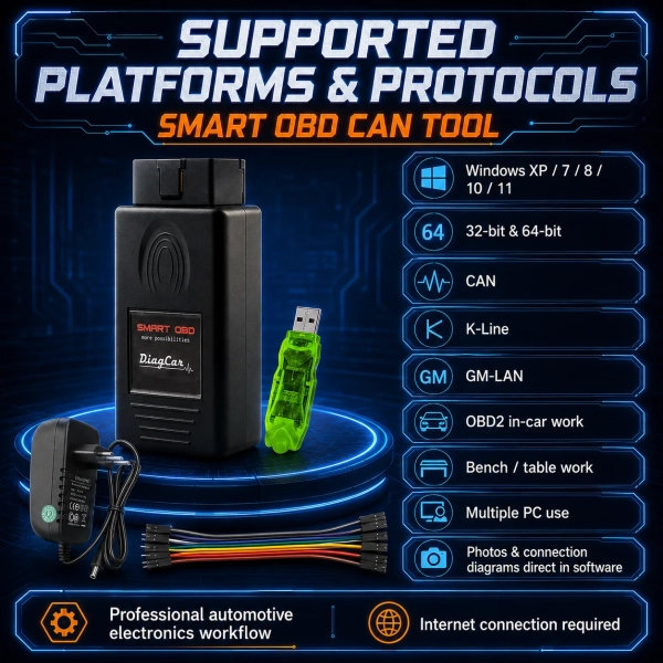 CHATGPT IMAGE MAY 13, 2026, 10_52_30 AM (3) <p>Bring focused SRS service capability to your workshop with the <strong>CarProTool Smart OBD CAN Tool Global Version</strong>. This airbag reset and crash data repair package combines Smart OBD hardware with 365-day Airbag Service and Airbag CAN Service software licences for supported modules.</p><ul><li><strong>OBD2 and bench flexibility:</strong> Perform supported SRS operations through the vehicle connection or on the bench; selected modules can be serviced without opening the housing.</li><li><strong>Multiple communication protocols:</strong> CAN, K-Line and GM-LAN support for compatible airbag controllers.</li><li><strong>365-day software access:</strong> Airbag Service Tool dump calculator and Airbag CAN Service Tool licences include unlimited calculations during the active subscription. Renewal is required after the included period.</li></ul><h3>Technical Specifications</h3><table><tbody><tr><th>Version</th><td>Global Version</td></tr><tr><th>Application</th><td>Supported SRS airbag module service and crash data repair</td></tr><tr><th>Connection modes</th><td>OBD2 / in-vehicle and bench, depending on module</td></tr><tr><th>Protocols</th><td>CAN, K-Line and GM-LAN</td></tr><tr><th>Included software</th><td>Airbag Service Tool and Airbag CAN Service Tool: 365 days</td></tr><tr><th>Calculations</th><td>Unlimited during the active 365-day subscription</td></tr><tr><th>Operating systems listed</th><td>Windows XP / 7 / 8 / 10 / 11; 32-bit and 64-bit</td></tr><tr><th>Internet</th><td>Required</td></tr><tr><th>Updates and technical support</th><td>1 year included</td></tr><tr><th>Warranty</th><td>1 year</td></tr></tbody></table> CarProTool <p>Bring focused SRS service capability to your workshop with the <strong>CarProTool Smart OBD CAN Tool Global Version</strong>. This airbag reset and crash data repair package combines Smart OBD hardware with 365-day Airbag Service and Airbag CAN Service software licences for supported modules.</p><ul><li><strong>OBD2 and bench flexibility:</strong> Perform supported SRS operations through the vehicle connection or on the bench; selected modules can be serviced without opening the housing.</li><li><strong>Multiple communication protocols:</strong> CAN, K-Line and GM-LAN support for compatible airbag controllers.</li><li><strong>365-day software access:</strong> Airbag Service Tool dump calculator and Airbag CAN Service Tool licences include unlimited calculations during the active subscription. Renewal is required after the included period.</li></ul><h3>Technical Specifications</h3><table><tbody><tr><th>Version</th><td>Global Version</td></tr><tr><th>Application</th><td>Supported SRS airbag module service and crash data repair</td></tr><tr><th>Connection modes</th><td>OBD2 / in-vehicle and bench, depending on module</td></tr><tr><th>Protocols</th><td>CAN, K-Line and GM-LAN</td></tr><tr><th>Included software</th><td>Airbag Service Tool and Airbag CAN Service Tool: 365 days</td></tr><tr><th>Calculations</th><td>Unlimited during the active 365-day subscription</td></tr><tr><th>Operating systems listed</th><td>Windows XP / 7 / 8 / 10 / 11; 32-bit and 64-bit</td></tr><tr><th>Internet</th><td>Required</td></tr><tr><th>Updates and technical support</th><td>1 year included</td></tr><tr><th>Warranty</th><td>1 year</td></tr></tbody></table>