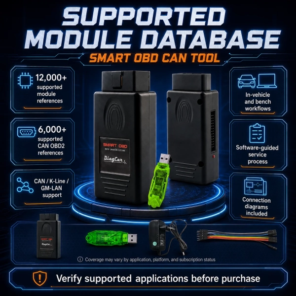 CHATGPT IMAGE MAY 13, 2026, 10_52_31 AM (5) <p>Bring focused SRS service capability to your workshop with the <strong>CarProTool Smart OBD CAN Tool Global Version</strong>. This airbag reset and crash data repair package combines Smart OBD hardware with 365-day Airbag Service and Airbag CAN Service software licences for supported modules.</p><ul><li><strong>OBD2 and bench flexibility:</strong> Perform supported SRS operations through the vehicle connection or on the bench; selected modules can be serviced without opening the housing.</li><li><strong>Multiple communication protocols:</strong> CAN, K-Line and GM-LAN support for compatible airbag controllers.</li><li><strong>365-day software access:</strong> Airbag Service Tool dump calculator and Airbag CAN Service Tool licences include unlimited calculations during the active subscription. Renewal is required after the included period.</li></ul><h3>Technical Specifications</h3><table><tbody><tr><th>Version</th><td>Global Version</td></tr><tr><th>Application</th><td>Supported SRS airbag module service and crash data repair</td></tr><tr><th>Connection modes</th><td>OBD2 / in-vehicle and bench, depending on module</td></tr><tr><th>Protocols</th><td>CAN, K-Line and GM-LAN</td></tr><tr><th>Included software</th><td>Airbag Service Tool and Airbag CAN Service Tool: 365 days</td></tr><tr><th>Calculations</th><td>Unlimited during the active 365-day subscription</td></tr><tr><th>Operating systems listed</th><td>Windows XP / 7 / 8 / 10 / 11; 32-bit and 64-bit</td></tr><tr><th>Internet</th><td>Required</td></tr><tr><th>Updates and technical support</th><td>1 year included</td></tr><tr><th>Warranty</th><td>1 year</td></tr></tbody></table> CarProTool <p>Bring focused SRS service capability to your workshop with the <strong>CarProTool Smart OBD CAN Tool Global Version</strong>. This airbag reset and crash data repair package combines Smart OBD hardware with 365-day Airbag Service and Airbag CAN Service software licences for supported modules.</p><ul><li><strong>OBD2 and bench flexibility:</strong> Perform supported SRS operations through the vehicle connection or on the bench; selected modules can be serviced without opening the housing.</li><li><strong>Multiple communication protocols:</strong> CAN, K-Line and GM-LAN support for compatible airbag controllers.</li><li><strong>365-day software access:</strong> Airbag Service Tool dump calculator and Airbag CAN Service Tool licences include unlimited calculations during the active subscription. Renewal is required after the included period.</li></ul><h3>Technical Specifications</h3><table><tbody><tr><th>Version</th><td>Global Version</td></tr><tr><th>Application</th><td>Supported SRS airbag module service and crash data repair</td></tr><tr><th>Connection modes</th><td>OBD2 / in-vehicle and bench, depending on module</td></tr><tr><th>Protocols</th><td>CAN, K-Line and GM-LAN</td></tr><tr><th>Included software</th><td>Airbag Service Tool and Airbag CAN Service Tool: 365 days</td></tr><tr><th>Calculations</th><td>Unlimited during the active 365-day subscription</td></tr><tr><th>Operating systems listed</th><td>Windows XP / 7 / 8 / 10 / 11; 32-bit and 64-bit</td></tr><tr><th>Internet</th><td>Required</td></tr><tr><th>Updates and technical support</th><td>1 year included</td></tr><tr><th>Warranty</th><td>1 year</td></tr></tbody></table>
