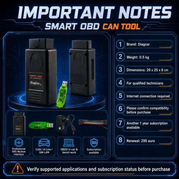CHATGPT IMAGE MAY 13, 2026, 10_52_31 AM (6) <p>Bring focused SRS service capability to your workshop with the <strong>CarProTool Smart OBD CAN Tool Global Version</strong>. This airbag reset and crash data repair package combines Smart OBD hardware with 365-day Airbag Service and Airbag CAN Service software licences for supported modules.</p><ul><li><strong>OBD2 and bench flexibility:</strong> Perform supported SRS operations through the vehicle connection or on the bench; selected modules can be serviced without opening the housing.</li><li><strong>Multiple communication protocols:</strong> CAN, K-Line and GM-LAN support for compatible airbag controllers.</li><li><strong>365-day software access:</strong> Airbag Service Tool dump calculator and Airbag CAN Service Tool licences include unlimited calculations during the active subscription. Renewal is required after the included period.</li></ul><h3>Technical Specifications</h3><table><tbody><tr><th>Version</th><td>Global Version</td></tr><tr><th>Application</th><td>Supported SRS airbag module service and crash data repair</td></tr><tr><th>Connection modes</th><td>OBD2 / in-vehicle and bench, depending on module</td></tr><tr><th>Protocols</th><td>CAN, K-Line and GM-LAN</td></tr><tr><th>Included software</th><td>Airbag Service Tool and Airbag CAN Service Tool: 365 days</td></tr><tr><th>Calculations</th><td>Unlimited during the active 365-day subscription</td></tr><tr><th>Operating systems listed</th><td>Windows XP / 7 / 8 / 10 / 11; 32-bit and 64-bit</td></tr><tr><th>Internet</th><td>Required</td></tr><tr><th>Updates and technical support</th><td>1 year included</td></tr><tr><th>Warranty</th><td>1 year</td></tr></tbody></table> CarProTool <p>Bring focused SRS service capability to your workshop with the <strong>CarProTool Smart OBD CAN Tool Global Version</strong>. This airbag reset and crash data repair package combines Smart OBD hardware with 365-day Airbag Service and Airbag CAN Service software licences for supported modules.</p><ul><li><strong>OBD2 and bench flexibility:</strong> Perform supported SRS operations through the vehicle connection or on the bench; selected modules can be serviced without opening the housing.</li><li><strong>Multiple communication protocols:</strong> CAN, K-Line and GM-LAN support for compatible airbag controllers.</li><li><strong>365-day software access:</strong> Airbag Service Tool dump calculator and Airbag CAN Service Tool licences include unlimited calculations during the active subscription. Renewal is required after the included period.</li></ul><h3>Technical Specifications</h3><table><tbody><tr><th>Version</th><td>Global Version</td></tr><tr><th>Application</th><td>Supported SRS airbag module service and crash data repair</td></tr><tr><th>Connection modes</th><td>OBD2 / in-vehicle and bench, depending on module</td></tr><tr><th>Protocols</th><td>CAN, K-Line and GM-LAN</td></tr><tr><th>Included software</th><td>Airbag Service Tool and Airbag CAN Service Tool: 365 days</td></tr><tr><th>Calculations</th><td>Unlimited during the active 365-day subscription</td></tr><tr><th>Operating systems listed</th><td>Windows XP / 7 / 8 / 10 / 11; 32-bit and 64-bit</td></tr><tr><th>Internet</th><td>Required</td></tr><tr><th>Updates and technical support</th><td>1 year included</td></tr><tr><th>Warranty</th><td>1 year</td></tr></tbody></table>