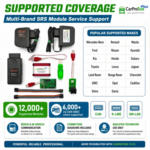 <p>Build a practical foundation for specialist airbag service with the <strong>CarProTool Airbag Service Start Pack Global Version with SmartOBD CAN Tool</strong>. Combine supported OBD2 and bench operations with dump-file calculation in a workshop-focused SRS repair workflow.</p><ul><li><strong>OBD2 and bench flexibility:</strong> Perform supported SRS operations through the vehicle connection or on the bench; selected modules can be serviced without opening the housing.</li><li><strong>Multiple communication protocols:</strong> CAN, K-Line and GM-LAN support for compatible airbag controllers.</li><li><strong>365-day software access:</strong> Airbag Service Tool dump calculator and Airbag CAN Service Tool licences include unlimited calculations during the active subscription. Renewal is required after the included period.</li></ul><h3>Technical Specifications</h3><table><tbody><tr><th>Version</th><td>Global Version</td></tr><tr><th>Application</th><td>Supported SRS airbag module service and crash data repair</td></tr><tr><th>Connection modes</th><td>OBD2 / in-vehicle and bench, depending on module</td></tr><tr><th>Protocols</th><td>CAN, K-Line and GM-LAN</td></tr><tr><th>Included software</th><td>Airbag Service Tool and Airbag CAN Service Tool: 365 days</td></tr><tr><th>Calculations</th><td>Unlimited during the active 365-day subscription</td></tr><tr><th>Operating systems listed</th><td>Windows XP / 7 / 8 / 10 / 11; 32-bit and 64-bit</td></tr><tr><th>Internet</th><td>Required</td></tr><tr><th>Updates and technical support</th><td>1 year included</td></tr><tr><th>Warranty</th><td>1 year</td></tr></tbody></table> CarProTool <p>Build a practical foundation for specialist airbag service with the <strong>CarProTool Airbag Service Start Pack Global Version with SmartOBD CAN Tool</strong>. Combine supported OBD2 and bench operations with dump-file calculation in a workshop-focused SRS repair workflow.</p><ul><li><strong>OBD2 and bench flexibility:</strong> Perform supported SRS operations through the vehicle connection or on the bench; selected modules can be serviced without opening the housing.</li><li><strong>Multiple communication protocols:</strong> CAN, K-Line and GM-LAN support for compatible airbag controllers.</li><li><strong>365-day software access:</strong> Airbag Service Tool dump calculator and Airbag CAN Service Tool licences include unlimited calculations during the active subscription. Renewal is required after the included period.</li></ul><h3>Technical Specifications</h3><table><tbody><tr><th>Version</th><td>Global Version</td></tr><tr><th>Application</th><td>Supported SRS airbag module service and crash data repair</td></tr><tr><th>Connection modes</th><td>OBD2 / in-vehicle and bench, depending on module</td></tr><tr><th>Protocols</th><td>CAN, K-Line and GM-LAN</td></tr><tr><th>Included software</th><td>Airbag Service Tool and Airbag CAN Service Tool: 365 days</td></tr><tr><th>Calculations</th><td>Unlimited during the active 365-day subscription</td></tr><tr><th>Operating systems listed</th><td>Windows XP / 7 / 8 / 10 / 11; 32-bit and 64-bit</td></tr><tr><th>Internet</th><td>Required</td></tr><tr><th>Updates and technical support</th><td>1 year included</td></tr><tr><th>Warranty</th><td>1 year</td></tr></tbody></table>