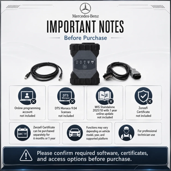 <h4>Mercedes-Benz VCI C6 Xentry C6 Doip Bosch | Made in Germany| XENTRY 03/2026 with ENET & Special Functions | DAS 03/2026 | DTS Monaco 8.16 + Monaco 9.02 & 9.04 | Vediamo 05.01.01 | EPC Wis Offline 2018/11 & WIS 2019/11 | Zenzefi Certificate 6 Months | Original DoIP Cable & Wireless Adapter | Refurbished Condition.</h4> <h3>VCI C6 features:</h3> Xentry C6 Doip Bosch Brand: Made in Germany Software: <p data-start="151" data-end="346">1, <strong data-start="154" data-end="189">XENTRY 03/2026 with XENTRY ENET</strong><br data-start="189" data-end="192" />NEW included latest models support with <strong data-start="232" data-end="262">Development mode activated</strong><br data-start="262" data-end="265" />( Diagnose license with <strong data-start="289" data-end="342">Xentry ZenZefi Certificate supported all new cars</strong> )</p> <p data-start="348" data-end="467">• ECU UNLOCKED<br data-start="362" data-end="365" />• SEED CODE CALCULATOR<br data-start="387" data-end="390" />• VGS MANAGER SW FINDER<br data-start="413" data-end="416" />• STAR FINDER 2024 with Wiring Diagram<br data-start="454" data-end="457" />• HHTWIN</p> <p data-start="474" data-end="540">2, <strong data-start="477" data-end="492">DAS 03/2026</strong><br data-start="492" data-end="495" />WITH <strong data-start="500" data-end="538">204 and 212 Special Functions open</strong></p> <p data-start="542" data-end="567">• DAS OFFLINE supported</p> <p data-start="574" data-end="621">3, <strong data-start="577" data-end="619">DTS Monaco 8.16 with Original Licenses</strong></p> <ul data-start="622" data-end="691"> <li data-section-id="72yqs8" data-start="622" data-end="691"> <p data-start="624" data-end="691"><strong data-start="624" data-end="689">Monaco 9.02 Licenses + Monaco 9.04 Licenses with New Database</strong></p> </li> </ul> <p data-start="698" data-end="776">4, <strong data-start="701" data-end="736">Vediamo 05.01.01 Latest Version</strong><br data-start="736" data-end="739" />with updated database and new files</p> <p data-start="783" data-end="856">5, <strong data-start="786" data-end="827">EPC Wis offline 2018/11 & WIS 2019/11</strong><br data-start="827" data-end="830" />with Data card Activated</p> <p data-start="863" data-end="980">6, <strong data-start="866" data-end="910">Wis Stand Alone 2021/10 Link WITH XENTRY</strong><br data-start="910" data-end="913" />WITH <strong data-start="918" data-end="978">1 Year Online Update (No XENTRY key lost / No VPO error)</strong></p> <p data-start="987" data-end="1033">7, <strong data-start="990" data-end="1031">Star Finder 2024 with Wiring Diagrams</strong></p> <p data-start="1040" data-end="1077">8, <strong data-start="1043" data-end="1075">Zenzefi Certificate 6 months</strong></p> Note: With Original Doip cable & wireless adapter <strong>Note: Without online Programming account</strong> <strong>VCI C6 Refurbished Condition no Blocked no Black listed</strong> &nbsp; <h3><span style="color: #ea4b4b;"><strong>Includes: hardware & software .</strong></span></h3> <strong> </strong> <h4>Mercedes-Benz VCI C6 Xentry C6 Doip Bosch | Made in Germany| XENTRY 03/2026 with ENET & Special Functions | DAS 03/2026 | DTS Monaco 8.16 + Monaco 9.02 & 9.04 | Vediamo 05.01.01 | EPC Wis Offline 2018/11 & WIS 2019/11 | Zenzefi Certificate 6 Months | Original DoIP Cable & Wireless Adapter | Refurbished Condition.</h4> <h3>VCI C6 features:</h3> Xentry C6 Doip Bosch Brand: Made in Germany Software: <p data-start="151" data-end="346">1, <strong data-start="154" data-end="189">XENTRY 03/2026 with XENTRY ENET</strong><br data-start="189" data-end="192" />NEW included latest models support with <strong data-start="232" data-end="262">Development mode activated</strong><br data-start="262" data-end="265" />( Diagnose license with <strong data-start="289" data-end="342">Xentry ZenZefi Certificate supported all new cars</strong> )</p> <p data-start="348" data-end="467">• ECU UNLOCKED<br data-start="362" data-end="365" />• SEED CODE CALCULATOR<br data-start="387" data-end="390" />• VGS MANAGER SW FINDER<br data-start="413" data-end="416" />• STAR FINDER 2024 with Wiring Diagram<br data-start="454" data-end="457" />• HHTWIN</p> <p data-start="474" data-end="540">2, <strong data-start="477" data-end="492">DAS 03/2026</strong><br data-start="492" data-end="495" />WITH <strong data-start="500" data-end="538">204 and 212 Special Functions open</strong></p> <p data-start="542" data-end="567">• DAS OFFLINE supported</p> <p data-start="574" data-end="621">3, <strong data-start="577" data-end="619">DTS Monaco 8.16 with Original Licenses</strong></p> <ul data-start="622" data-end="691"> <li data-section-id="72yqs8" data-start="622" data-end="691"> <p data-start="624" data-end="691"><strong data-start="624" data-end="689">Monaco 9.02 Licenses + Monaco 9.04 Licenses with New Database</strong></p> </li> </ul> <p data-start="698" data-end="776">4, <strong data-start="701" data-end="736">Vediamo 05.01.01 Latest Version</strong><br data-start="736" data-end="739" />with updated database and new files</p> <p data-start="783" data-end="856">5, <strong data-start="786" data-end="827">EPC Wis offline 2018/11 & WIS 2019/11</strong><br data-start="827" data-end="830" />with Data card Activated</p> <p data-start="863" data-end="980">6, <strong data-start="866" data-end="910">Wis Stand Alone 2021/10 Link WITH XENTRY</strong><br data-start="910" data-end="913" />WITH <strong data-start="918" data-end="978">1 Year Online Update (No XENTRY key lost / No VPO error)</strong></p> <p data-start="987" data-end="1033">7, <strong data-start="990" data-end="1031">Star Finder 2024 with Wiring Diagrams</strong></p> <p data-start="1040" data-end="1077">8, <strong data-start="1043" data-end="1075">Zenzefi Certificate 6 months</strong></p> Note: With Original Doip cable & wireless adapter <strong>Note: Without online Programming account</strong> <strong>VCI C6 Refurbished Condition no Blocked no Black listed</strong> &nbsp; <h3><span style="color: #ea4b4b;"><strong>Includes: hardware & software .</strong></span></h3> <strong> </strong>