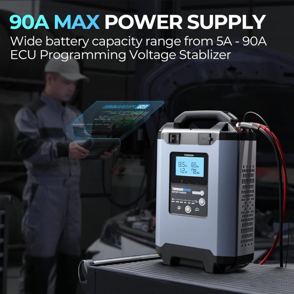 TOPDON Car Battery Charger T90A, 90Ah Smart Automotive Charger Battery Maintainer&Desulfator with 12/24V Output, 5A-90A Adjustable Charging Current, ECU Programming Stablizer for Boat Mariner Truck