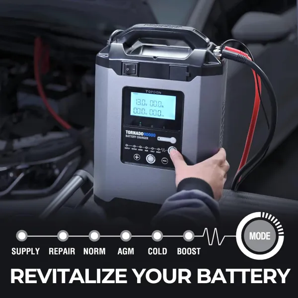 TOPDON Car Battery Charger T90A, 90Ah Smart Automotive Charger Battery Maintainer&Desulfator with 12/24V Output, 5A-90A Adjustable Charging Current, ECU Programming Stablizer for Boat Mariner Truck