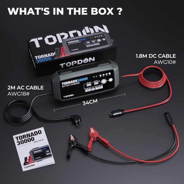<p><strong>TOPDON Tornado30000</strong> is a high-output smart battery charger and stable power supply for professional workshops, fleets and demanding battery-maintenance applications.</p>
<p>It supports <strong>6V, 12V and 24V batteries</strong>, charging currents up to <strong>30A</strong>, 12 charging modes and a 9-step smart charging process for supported lead-acid and lithium batteries.</p>
<h3>Key Features</h3>
<ul>
<li>6V / 12V / 24V Battery Charging</li>
<li>Up to 30A Output</li>
<li>12V 30A / 24V 15A / 6V 15A / 12V 10A Modes</li>
<li><strong>12 Charging Modes</strong></li>
<li><strong>9-Step Smart Charging</strong></li>
<li>Lead-Acid Battery Support</li>
<li>12V / 24V Lithium Battery Support</li>
<li>Repair / Desulfation Mode for Compatible Lead-Acid Batteries</li>
<li>12V / 24V Stable Power Supply Mode</li>
<li>50–1000Ah Battery Range</li>
<li>Temperature Monitoring & Fan Cooling</li>
<li>Multiple Electrical Safety Protections</li>
</ul> <p><strong>TOPDON Tornado30000</strong> is a high-output smart battery charger and stable power supply for professional workshops, fleets and demanding battery-maintenance applications.</p>
<p>It supports <strong>6V, 12V and 24V batteries</strong>, charging currents up to <strong>30A</strong>, 12 charging modes and a 9-step smart charging process for supported lead-acid and lithium batteries.</p>
<h3>Key Features</h3>
<ul>
<li>6V / 12V / 24V Battery Charging</li>
<li>Up to 30A Output</li>
<li>12V 30A / 24V 15A / 6V 15A / 12V 10A Modes</li>
<li><strong>12 Charging Modes</strong></li>
<li><strong>9-Step Smart Charging</strong></li>
<li>Lead-Acid Battery Support</li>
<li>12V / 24V Lithium Battery Support</li>
<li>Repair / Desulfation Mode for Compatible Lead-Acid Batteries</li>
<li>12V / 24V Stable Power Supply Mode</li>
<li>50–1000Ah Battery Range</li>
<li>Temperature Monitoring & Fan Cooling</li>
<li>Multiple Electrical Safety Protections</li>
</ul>