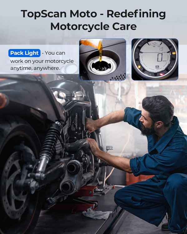 <p><strong>TOPDON TopScan Moto</strong> turns a compatible smartphone into a wireless motorcycle diagnostic tool for full-system scanning, live data, maintenance functions and active testing.</p>
<p>It can access up to approximately <strong>20 internal motorcycle systems</strong> on supported models and provides Bluetooth 5.0 connectivity with a working distance of up to about <strong>10 meters</strong>.</p>
<h3>Key Features</h3>
<ul>
<li>Motorcycle Full-System Diagnostics</li>
<li>Up to 20 Internal System Coverage</li>
<li>Read & Clear DTCs</li>
<li>Live Data</li>
<li>One-Click Scan & Clear</li>
<li>Bi-Directional / Active Tests on Supported Bikes</li>
<li>Maintenance Functions</li>
<li>Oil Maintenance Reset</li>
<li>Service Indicator Adjustment</li>
<li>AutoVIN Vehicle Identification</li>
<li>Bluetooth 5.0 / Up to 10m</li>
<li>iOS & Android Smartphone App</li>
<li><strong>3 Years Software Access / Updates – Automax Tools Middle East Package</strong></li>
<li><strong>2 Years Software Access / Updates – Other Eligible Automax Tools Regions</strong></li>
</ul>
<p><em>Motorcycle coverage and functions vary by make, model and required adapter cable.</em></p> <p><strong>TOPDON TopScan Moto</strong> turns a compatible smartphone into a wireless motorcycle diagnostic tool for full-system scanning, live data, maintenance functions and active testing.</p>
<p>It can access up to approximately <strong>20 internal motorcycle systems</strong> on supported models and provides Bluetooth 5.0 connectivity with a working distance of up to about <strong>10 meters</strong>.</p>
<h3>Key Features</h3>
<ul>
<li>Motorcycle Full-System Diagnostics</li>
<li>Up to 20 Internal System Coverage</li>
<li>Read & Clear DTCs</li>
<li>Live Data</li>
<li>One-Click Scan & Clear</li>
<li>Bi-Directional / Active Tests on Supported Bikes</li>
<li>Maintenance Functions</li>
<li>Oil Maintenance Reset</li>
<li>Service Indicator Adjustment</li>
<li>AutoVIN Vehicle Identification</li>
<li>Bluetooth 5.0 / Up to 10m</li>
<li>iOS & Android Smartphone App</li>
<li><strong>3 Years Software Access / Updates – Automax Tools Middle East Package</strong></li>
<li><strong>2 Years Software Access / Updates – Other Eligible Automax Tools Regions</strong></li>
</ul>
<p><em>Motorcycle coverage and functions vary by make, model and required adapter cable.</em></p>