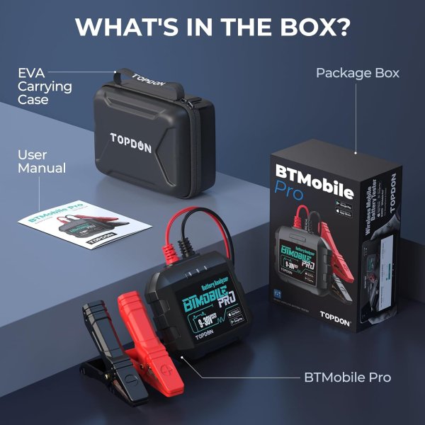 <p><strong>TOPDON BTMobile Pro</strong> is a Bluetooth battery and electrical-system analyzer that uses a smartphone or tablet to display detailed test results.</p>
<p>It performs full battery testing on supported <strong>12V batteries</strong> and supports <strong>12V / 24V cranking and charging-system tests</strong>.</p>
<h3>Key Features</h3>
<ul>
<li>Bluetooth Smartphone Battery Tester</li>
<li>12V Battery Health Testing</li>
<li>State of Charge (SOC)</li>
<li>State of Health (SOH)</li>
<li>Battery Voltage</li>
<li>Cold Cranking Amps (CCA)</li>
<li>12V / 24V Cranking Tests</li>
<li>12V / 24V Charging Tests</li>
<li>Loaded / Unloaded Voltage & Ripple Testing</li>
<li>Automatic Test Reports</li>
<li>Battery Library</li>
<li>Spark-Free Clamps</li>
<li>Reverse-Polarity Protection</li>
</ul> <p><strong>TOPDON BTMobile Pro</strong> is a Bluetooth battery and electrical-system analyzer that uses a smartphone or tablet to display detailed test results.</p>
<p>It performs full battery testing on supported <strong>12V batteries</strong> and supports <strong>12V / 24V cranking and charging-system tests</strong>.</p>
<h3>Key Features</h3>
<ul>
<li>Bluetooth Smartphone Battery Tester</li>
<li>12V Battery Health Testing</li>
<li>State of Charge (SOC)</li>
<li>State of Health (SOH)</li>
<li>Battery Voltage</li>
<li>Cold Cranking Amps (CCA)</li>
<li>12V / 24V Cranking Tests</li>
<li>12V / 24V Charging Tests</li>
<li>Loaded / Unloaded Voltage & Ripple Testing</li>
<li>Automatic Test Reports</li>
<li>Battery Library</li>
<li>Spark-Free Clamps</li>
<li>Reverse-Polarity Protection</li>
</ul>