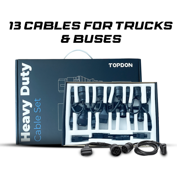 topdon truck and bus 13 types of cables MAN - 12 PIN MAN - 37 PIN MAN - 14 PIN CAT - 9 PIN OBD - 9 PIN OBD - 6 PIN OBD - 16 PIN VOLVO - 8 PIN RENAULT - 12 PIN IVECO - 38 PIN IVECO - 30 PIN ISUZU - 3 PIN ISUZU - 20 PIN