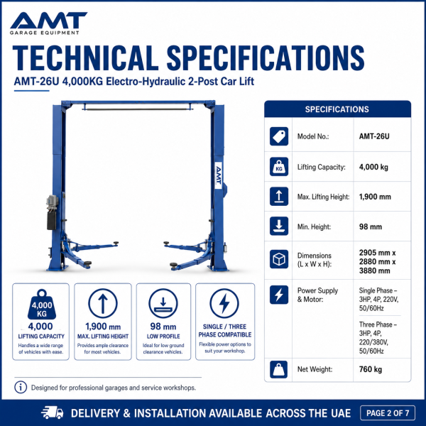 <h4>4 Ton Two Post Lift - AMT-26U 4,000KG Electro-Hydraulic 2-Post Car Lift – Base frame-Free Design, Automatic Arm Restraints, Telescopic Pickup Arms, Upper Limit Protection, Low Noise Operation, Single/Three Phase Power Compatibility</h4> <strong>AMT-26U 4,000KG Electro-Hydraulic Car Lift</strong> based on the details in the PDF: <table> <thead> <tr> <th><strong>Feature</strong></th> <th><strong>Specification</strong></th> </tr> </thead> <tbody> <tr> <td><strong>Model No.</strong></td> <td>AMT-26U</td> </tr> <tr> <td><strong>Lifting Capacity</strong></td> <td>4,000 kg</td> </tr> <tr> <td><strong>Max. Lifting Height</strong></td> <td>1,900 mm</td> </tr> <tr> <td><strong>Min. Height</strong></td> <td>98 mm</td> </tr> <tr> <td><strong>Dimension (L x W x H)</strong></td> <td>2905 mm x 2880 mm x 3880 mm</td> </tr> <tr> <td><strong>Power Supply & Motor</strong></td> <td>1PH: 3HP, 4P, 220V, 50/60Hz 3PH: 3HP, 4P, 220/380V, 50/60Hz</td> </tr> <tr> <td><strong>Net Weight</strong></td> <td>760 kg</td> </tr> <tr> <td><strong>Key Features</strong></td> <td>- Automatic Arm Restraints - Telescopic Pickup Arms - Piston-Type Cylinders - Upper Limit Protection Bar - Baseframe-Free Design - Low Noise Operation - Manual Lock Release - Door Guard Rubber</td> </tr> </tbody> </table> <h4>4 Ton Two Post Lift - AMT-26U 4,000KG Electro-Hydraulic 2-Post Car Lift – Base frame-Free Design, Automatic Arm Restraints, Telescopic Pickup Arms, Upper Limit Protection, Low Noise Operation, Single/Three Phase Power Compatibility</h4> <strong>AMT-26U 4,000KG Electro-Hydraulic Car Lift</strong> based on the details in the PDF: <table> <thead> <tr> <th><strong>Feature</strong></th> <th><strong>Specification</strong></th> </tr> </thead> <tbody> <tr> <td><strong>Model No.</strong></td> <td>AMT-26U</td> </tr> <tr> <td><strong>Lifting Capacity</strong></td> <td>4,000 kg</td> </tr> <tr> <td><strong>Max. Lifting Height</strong></td> <td>1,900 mm</td> </tr> <tr> <td><strong>Min. Height</strong></td> <td>98 mm</td> </tr> <tr> <td><strong>Dimension (L x W x H)</strong></td> <td>2905 mm x 2880 mm x 3880 mm</td> </tr> <tr> <td><strong>Power Supply & Motor</strong></td> <td>1PH: 3HP, 4P, 220V, 50/60Hz 3PH: 3HP, 4P, 220/380V, 50/60Hz</td> </tr> <tr> <td><strong>Net Weight</strong></td> <td>760 kg</td> </tr> <tr> <td><strong>Key Features</strong></td> <td>- Automatic Arm Restraints - Telescopic Pickup Arms - Piston-Type Cylinders - Upper Limit Protection Bar - Baseframe-Free Design - Low Noise Operation - Manual Lock Release - Door Guard Rubber</td> </tr> </tbody> </table>