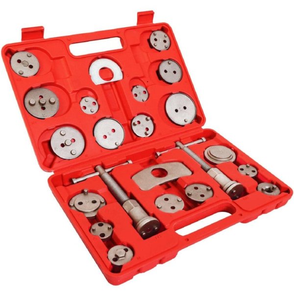 22-piece brake caliper piston rewind tool kit for quick and safe brake pad replacement. Includes multiple adapters, left & right-hand rewind tools, and a durable storage case. 22-piece brake caliper piston rewind tool kit for quick and safe brake pad replacement. Includes multiple adapters, left & right-hand rewind tools, and a durable storage case.