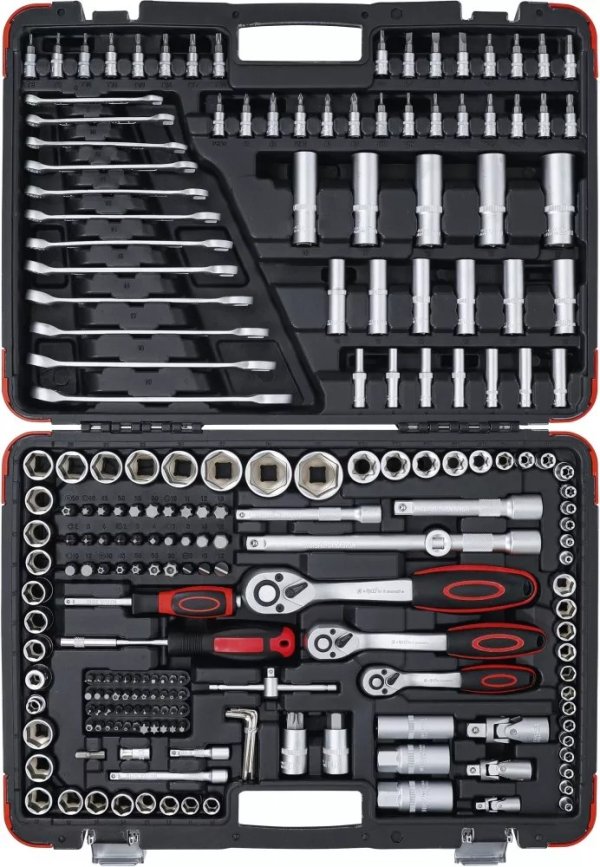 VT14185 216-piece socket set with 1/4", 3/8", and 1/2" drives. Includes a complete range of metric and SAE sockets, ratchets, extensions, and accessories for professional and DIY use. 216-piece socket set with 1/4", 3/8", and 1/2" drives. Includes a complete range of metric and SAE sockets, ratchets, extensions, and accessories for professional and DIY use.