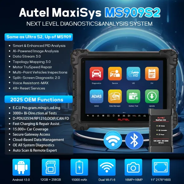 Autel MaxiSys MS909S2 Diagnostic Scanner with AI, Up of MS909, Topology 3.0, Data-Driven PID Analysis, Multi-Point DVI, 40+ Services, Motor TruSpeed Repair