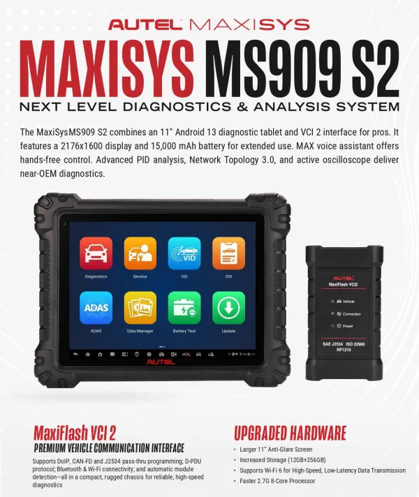 Autel MaxiSys MS909 S2 2025 Upgraded Version Automotive diagnostic tablet and interface