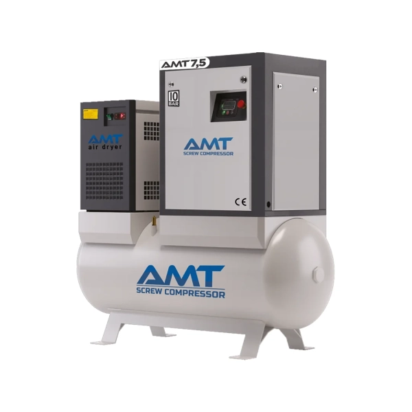 The AMT FVK-7.5 industrial screw compressor delivers powerful, stable, and low-noise compressed-air performance for workshops and factories. Engineered with advanced screw technology, it offers energy-efficient operation, reduced maintenance, and consistent airflow for continuous industrial workloads. <table> <thead> <tr> <th>Feature</th> <th>Specification</th> </tr> </thead> <tbody> <tr> <td>Power</td> <td>7.5 / 10 HP</td> </tr> <tr> <td>Pressure</td> <td>8–13 Bar</td> </tr> <tr> <td>Capacity</td> <td>1.1 m³/min</td> </tr> <tr> <td>CFM</td> <td>38.5 / 53.6 / 28 CFM</td> </tr> <tr> <td>Air Connection</td> <td>¾”</td> </tr> <tr> <td>Noise Level</td> <td>70 dB(A)</td> </tr> <tr> <td>Technology</td> <td>Rotary Screw</td> </tr> <tr> <td>Application</td> <td>Industrial, workshop, continuous-duty</td> </tr> </tbody> </table> &nbsp; The AMT FVK-7.5 industrial screw compressor delivers powerful, stable, and low-noise compressed-air performance for workshops and factories. Engineered with advanced screw technology, it offers energy-efficient operation, reduced maintenance, and consistent airflow for continuous industrial workloads. <table> <thead> <tr> <th>Feature</th> <th>Specification</th> </tr> </thead> <tbody> <tr> <td>Power</td> <td>7.5 / 10 HP</td> </tr> <tr> <td>Pressure</td> <td>8–13 Bar</td> </tr> <tr> <td>Capacity</td> <td>1.1 m³/min</td> </tr> <tr> <td>CFM</td> <td>38.5 / 53.6 / 28 CFM</td> </tr> <tr> <td>Air Connection</td> <td>¾”</td> </tr> <tr> <td>Noise Level</td> <td>70 dB(A)</td> </tr> <tr> <td>Technology</td> <td>Rotary Screw</td> </tr> <tr> <td>Application</td> <td>Industrial, workshop, continuous-duty</td> </tr> </tbody> </table> &nbsp;