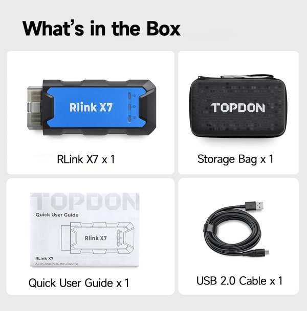 <strong>TOPDON RLink X7</strong> is a high-speed OEM-style reprogramming and diagnostic interface designed for workshop and computer-based programming tasks. It supports <strong>J2534 Pass-Thru</strong>, <strong>D-PDU</strong>, <strong>CAN-FD</strong>, and <strong>DoIP</strong>, making it suitable for supported OEM software environments and advanced service workflows. <h3>Key Features</h3> <ul> <li><strong>J2534 Pass-Thru</strong></li> <li><strong>D-PDU Support</strong></li> <li><strong>CAN-FD</strong></li> <li><strong>DoIP</strong></li> <li>OEM Reprogramming & Diagnostics</li> <li>High-Speed USB Communication</li> <li>8 Brand Coverage</li> <li>Windows 7/8/10/11 Compatible</li> <li>Lifetime Driver Updates</li> <li>Portable Carry Case Included</li> </ul> <strong>TOPDON RLink X7</strong> is a high-speed OEM-style reprogramming and diagnostic interface designed for workshop and computer-based programming tasks. It supports <strong>J2534 Pass-Thru</strong>, <strong>D-PDU</strong>, <strong>CAN-FD</strong>, and <strong>DoIP</strong>, making it suitable for supported OEM software environments and advanced service workflows. <h3>Key Features</h3> <ul> <li><strong>J2534 Pass-Thru</strong></li> <li><strong>D-PDU Support</strong></li> <li><strong>CAN-FD</strong></li> <li><strong>DoIP</strong></li> <li>OEM Reprogramming & Diagnostics</li> <li>High-Speed USB Communication</li> <li>8 Brand Coverage</li> <li>Windows 7/8/10/11 Compatible</li> <li>Lifetime Driver Updates</li> <li>Portable Carry Case Included</li> </ul>