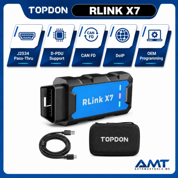 <strong>TOPDON RLink X7</strong> is a high-speed OEM-style reprogramming and diagnostic interface designed for workshop and computer-based programming tasks. It supports <strong>J2534 Pass-Thru</strong>, <strong>D-PDU</strong>, <strong>CAN-FD</strong>, and <strong>DoIP</strong>, making it suitable for supported OEM software environments and advanced service workflows. <h3>Key Features</h3> <ul> <li><strong>J2534 Pass-Thru</strong></li> <li><strong>D-PDU Support</strong></li> <li><strong>CAN-FD</strong></li> <li><strong>DoIP</strong></li> <li>OEM Reprogramming & Diagnostics</li> <li>High-Speed USB Communication</li> <li>8 Brand Coverage</li> <li>Windows 7/8/10/11 Compatible</li> <li>Lifetime Driver Updates</li> <li>Portable Carry Case Included</li> </ul> <strong>TOPDON RLink X7</strong> is a high-speed OEM-style reprogramming and diagnostic interface designed for workshop and computer-based programming tasks. It supports <strong>J2534 Pass-Thru</strong>, <strong>D-PDU</strong>, <strong>CAN-FD</strong>, and <strong>DoIP</strong>, making it suitable for supported OEM software environments and advanced service workflows. <h3>Key Features</h3> <ul> <li><strong>J2534 Pass-Thru</strong></li> <li><strong>D-PDU Support</strong></li> <li><strong>CAN-FD</strong></li> <li><strong>DoIP</strong></li> <li>OEM Reprogramming & Diagnostics</li> <li>High-Speed USB Communication</li> <li>8 Brand Coverage</li> <li>Windows 7/8/10/11 Compatible</li> <li>Lifetime Driver Updates</li> <li>Portable Carry Case Included</li> </ul>