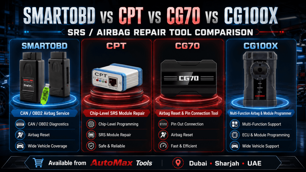 Best SRS Airbag Reset Tool in UAE – SmartOBD, CPT, CG70 & CG100X Compared