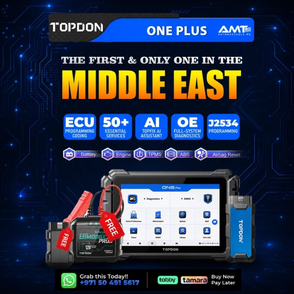 <p><strong>TOPDON ONE Plus</strong> is a professional advanced diagnostic scanner designed for demanding workshops and technicians.</p><p>It combines <strong>ECU Coding</strong>, <strong>J2534 Pass-Thru</strong>, <strong>CAN-FD</strong>, <strong>DoIP</strong>, <strong>topology mapping</strong>, and <strong>50+ service functions</strong> in one capable platform.</p><h3>Key Features</h3><ul><li>Full-System Diagnostics</li><li><strong>ECU Coding</strong></li><li><strong>J2534 Pass-Thru</strong></li><li><strong>CAN-FD</strong></li><li><strong>DoIP</strong></li><li><strong>Topology Mapping</strong></li><li><strong>50+ Service Functions</strong></li><li>Bi-Directional Control</li><li>Online Functions on Supported Brands</li><li>Wireless VCI</li><li><strong>3 Years Software Updates / Access – Middle East Package</strong></li><li><strong>2 Years Software Updates / Access – Other Regions</strong></li></ul> <p><strong>TOPDON ONE Plus</strong> is a professional advanced diagnostic scanner designed for demanding workshops and technicians.</p><p>It combines <strong>ECU Coding</strong>, <strong>J2534 Pass-Thru</strong>, <strong>CAN-FD</strong>, <strong>DoIP</strong>, <strong>topology mapping</strong>, and <strong>50+ service functions</strong> in one capable platform.</p><h3>Key Features</h3><ul><li>Full-System Diagnostics</li><li><strong>ECU Coding</strong></li><li><strong>J2534 Pass-Thru</strong></li><li><strong>CAN-FD</strong></li><li><strong>DoIP</strong></li><li><strong>Topology Mapping</strong></li><li><strong>50+ Service Functions</strong></li><li>Bi-Directional Control</li><li>Online Functions on Supported Brands</li><li>Wireless VCI</li><li><strong>3 Years Software Updates / Access – Middle East Package</strong></li><li><strong>2 Years Software Updates / Access – Other Regions</strong></li></ul>