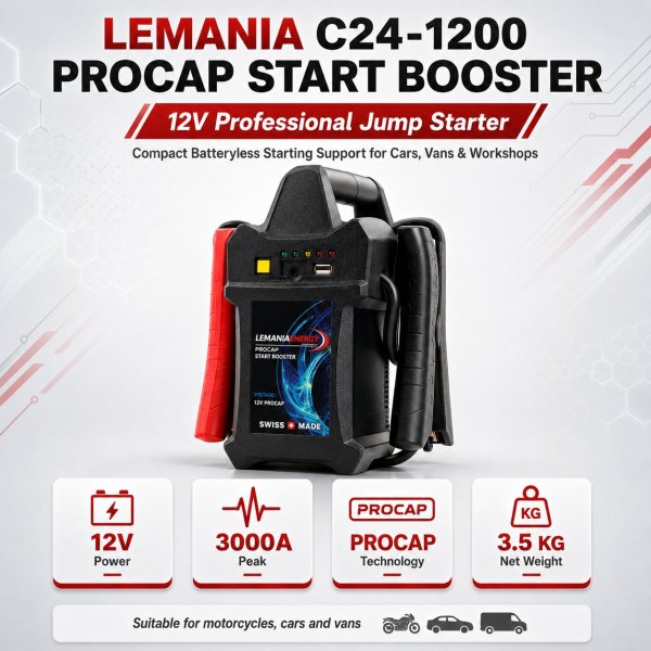 <h4><strong>Lemania Procap C-24-1200 12V Batteryless Start Booster Professional Jump Starter Made in Switzerland</strong></h4><h3><strong>Lemania Procap C-24-1200 Spec Chart:</strong></h3><table border="1" cellspacing="0" cellpadding="8"><thead><tr><th><strong>Feature</strong></th><th><strong>Details</strong></th></tr></thead><tbody><tr><td><strong>Product Type</strong></td><td>Batteryless 12V Start Booster</td></tr><tr><td><strong>Application</strong></td><td>Professional 12V Emergency Jump Starting</td></tr><tr><td><strong>Suitable For</strong></td><td>Automotive Workshops, Mobile Technicians, Roadside Assistance, and Garage Service Teams</td></tr></tbody></table> <h4><strong>Lemania Procap C-24-1200 12V Batteryless Start Booster Professional Jump Starter Made in Switzerland</strong></h4><h3><strong>Lemania Procap C-24-1200 Spec Chart:</strong></h3><table border="1" cellspacing="0" cellpadding="8"><thead><tr><th><strong>Feature</strong></th><th><strong>Details</strong></th></tr></thead><tbody><tr><td><strong>Product Type</strong></td><td>Batteryless 12V Start Booster</td></tr><tr><td><strong>Application</strong></td><td>Professional 12V Emergency Jump Starting</td></tr><tr><td><strong>Suitable For</strong></td><td>Automotive Workshops, Mobile Technicians, Roadside Assistance, and Garage Service Teams</td></tr></tbody></table>
