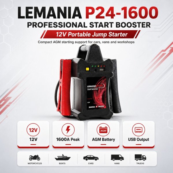 <h4><strong>Lemania P24-1600 Professional Start Booster 12V Portable Jump Starter for Cars Made in Switzerland</strong></h4><h3><strong>Lemania P24-1600 Professional Start Booster Spec Chart:</strong></h3><table border="1" cellspacing="0" cellpadding="8"><thead><tr><th><strong>Feature</strong></th><th><strong>Details</strong></th></tr></thead><tbody><tr><td><strong>Product Type</strong></td><td>Portable 12V Professional Start Booster</td></tr><tr><td><strong>Application</strong></td><td>Car Battery Jump Starting</td></tr><tr><td><strong>Suitable For</strong></td><td>Cars, Light Vehicles, Garages, Service Vans, Roadside Technicians, and Emergency Kits</td></tr></tbody></table> <h4><strong>Lemania P24-1600 Professional Start Booster 12V Portable Jump Starter for Cars Made in Switzerland</strong></h4><h3><strong>Lemania P24-1600 Professional Start Booster Spec Chart:</strong></h3><table border="1" cellspacing="0" cellpadding="8"><thead><tr><th><strong>Feature</strong></th><th><strong>Details</strong></th></tr></thead><tbody><tr><td><strong>Product Type</strong></td><td>Portable 12V Professional Start Booster</td></tr><tr><td><strong>Application</strong></td><td>Car Battery Jump Starting</td></tr><tr><td><strong>Suitable For</strong></td><td>Cars, Light Vehicles, Garages, Service Vans, Roadside Technicians, and Emergency Kits</td></tr></tbody></table>