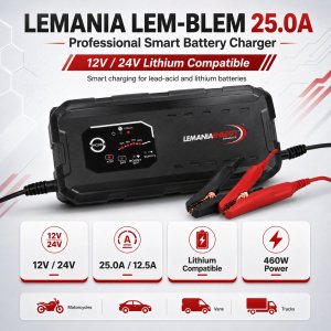 Lemania LEM-1224250 Professional Smart Charger 12V/24V Battery Charger for Garage Use Made in Switzerland