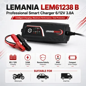 Lemania Professional Smart Charger 6V/12V 3.8A Automatic Battery Charger Made in Switzerland