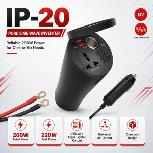 Lemania IP-20 Inverter 12V 200W Compact Car Power Converter for Small Electronics Made in Switzerland