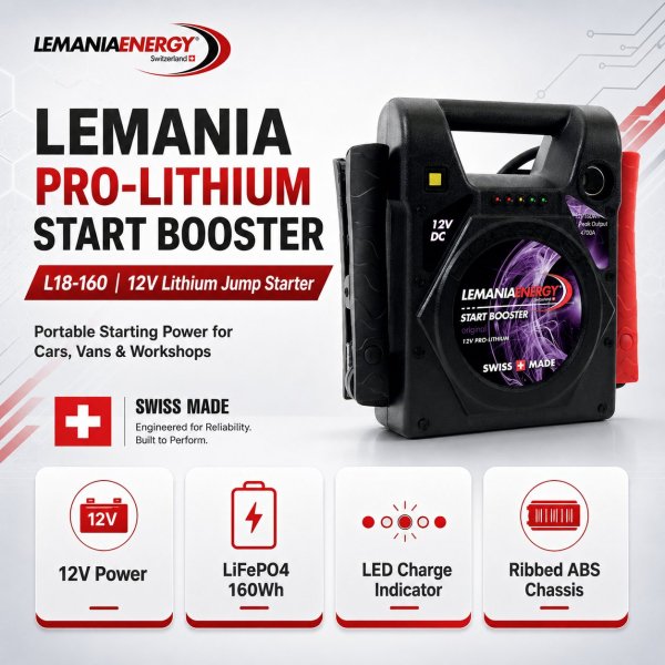 <h4><strong>Lemania Professional Lithium Start Booster 12V Portable Jump Starter for Cars & SUVs Made in Switzerland</strong></h4><h3><strong>Lemania Professional Lithium Start Booster Spec Chart:</strong></h3><table border="1" cellspacing="0" cellpadding="8"><thead><tr><th><strong>Feature</strong></th><th><strong>Details</strong></th></tr></thead><tbody><tr><td><strong>Product Type</strong></td><td>Lithium Portable Jump Starter</td></tr><tr><td><strong>Application</strong></td><td>12V Vehicle Emergency Starting</td></tr><tr><td><strong>Suitable For</strong></td><td>Cars, SUVs, Motorcycles, Light Commercial Vehicles, Garages, and Emergency Kits</td></tr></tbody></table> <h4><strong>Lemania Professional Lithium Start Booster 12V Portable Jump Starter for Cars & SUVs Made in Switzerland</strong></h4><h3><strong>Lemania Professional Lithium Start Booster Spec Chart:</strong></h3><table border="1" cellspacing="0" cellpadding="8"><thead><tr><th><strong>Feature</strong></th><th><strong>Details</strong></th></tr></thead><tbody><tr><td><strong>Product Type</strong></td><td>Lithium Portable Jump Starter</td></tr><tr><td><strong>Application</strong></td><td>12V Vehicle Emergency Starting</td></tr><tr><td><strong>Suitable For</strong></td><td>Cars, SUVs, Motorcycles, Light Commercial Vehicles, Garages, and Emergency Kits</td></tr></tbody></table>