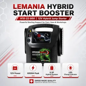 Lemania Hybrid Start Booster 12V 20Ah 950H Portable Jump Starter for Cars & Vans Made in Switzerland