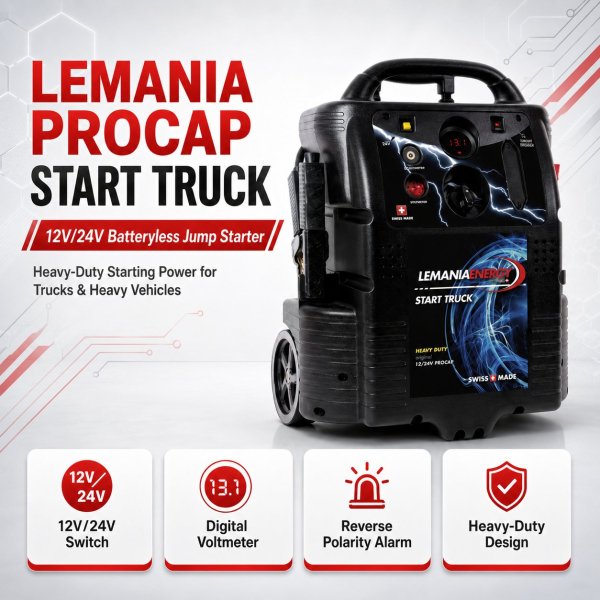 <h4><strong>Lemania Procap Start Truck 12V/24V Batteryless Jump Starter for Trucks & Heavy Vehicles Made in Switzerland</strong></h4><h3><strong>Lemania Procap Start Truck 12V/24V Spec Chart:</strong></h3><table border="1" cellspacing="0" cellpadding="8"><thead><tr><th><strong>Feature</strong></th><th><strong>Details</strong></th></tr></thead><tbody><tr><td><strong>Product Type</strong></td><td>Batteryless Truck Jump Starter</td></tr><tr><td><strong>Application</strong></td><td>12V/24V Heavy Vehicle Battery Boosting</td></tr><tr><td><strong>Suitable For</strong></td><td>Truck Workshops, Fleet Garages, Recovery Teams, and Heavy Vehicle Service Centers</td></tr></tbody></table> <h4><strong>Lemania Procap Start Truck 12V/24V Batteryless Jump Starter for Trucks & Heavy Vehicles Made in Switzerland</strong></h4><h3><strong>Lemania Procap Start Truck 12V/24V Spec Chart:</strong></h3><table border="1" cellspacing="0" cellpadding="8"><thead><tr><th><strong>Feature</strong></th><th><strong>Details</strong></th></tr></thead><tbody><tr><td><strong>Product Type</strong></td><td>Batteryless Truck Jump Starter</td></tr><tr><td><strong>Application</strong></td><td>12V/24V Heavy Vehicle Battery Boosting</td></tr><tr><td><strong>Suitable For</strong></td><td>Truck Workshops, Fleet Garages, Recovery Teams, and Heavy Vehicle Service Centers</td></tr></tbody></table>