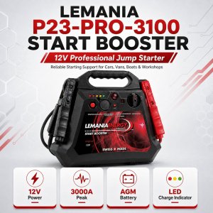 Lemania Professional Start Booster 12V Heavy Duty Jump Starter for Garage & Roadside Use Made in Switzerland