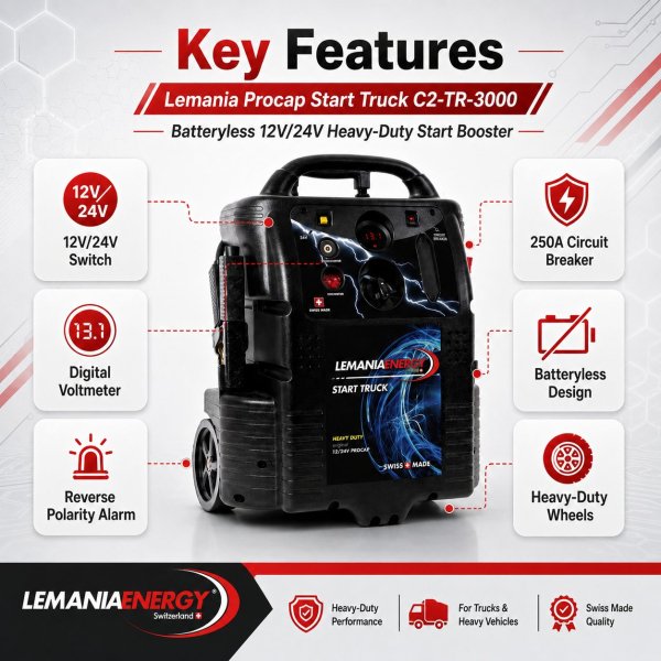 <h4><strong>Lemania Procap Start Truck 12V/24V Batteryless Jump Starter for Trucks & Heavy Vehicles Made in Switzerland</strong></h4><h3><strong>Lemania Procap Start Truck 12V/24V Spec Chart:</strong></h3><table border="1" cellspacing="0" cellpadding="8"><thead><tr><th><strong>Feature</strong></th><th><strong>Details</strong></th></tr></thead><tbody><tr><td><strong>Product Type</strong></td><td>Batteryless Truck Jump Starter</td></tr><tr><td><strong>Application</strong></td><td>12V/24V Heavy Vehicle Battery Boosting</td></tr><tr><td><strong>Suitable For</strong></td><td>Truck Workshops, Fleet Garages, Recovery Teams, and Heavy Vehicle Service Centers</td></tr></tbody></table> <h4><strong>Lemania Procap Start Truck 12V/24V Batteryless Jump Starter for Trucks & Heavy Vehicles Made in Switzerland</strong></h4><h3><strong>Lemania Procap Start Truck 12V/24V Spec Chart:</strong></h3><table border="1" cellspacing="0" cellpadding="8"><thead><tr><th><strong>Feature</strong></th><th><strong>Details</strong></th></tr></thead><tbody><tr><td><strong>Product Type</strong></td><td>Batteryless Truck Jump Starter</td></tr><tr><td><strong>Application</strong></td><td>12V/24V Heavy Vehicle Battery Boosting</td></tr><tr><td><strong>Suitable For</strong></td><td>Truck Workshops, Fleet Garages, Recovery Teams, and Heavy Vehicle Service Centers</td></tr></tbody></table>