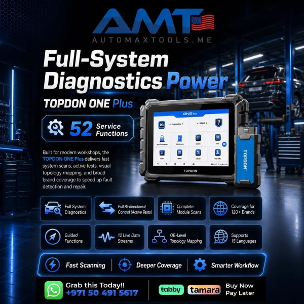 <p><strong>TOPDON ONE Plus</strong> is a professional advanced diagnostic scanner designed for demanding workshops and technicians.</p><p>It combines <strong>ECU Coding</strong>, <strong>J2534 Pass-Thru</strong>, <strong>CAN-FD</strong>, <strong>DoIP</strong>, <strong>topology mapping</strong>, and <strong>50+ service functions</strong> in one capable platform.</p><h3>Key Features</h3><ul><li>Full-System Diagnostics</li><li><strong>ECU Coding</strong></li><li><strong>J2534 Pass-Thru</strong></li><li><strong>CAN-FD</strong></li><li><strong>DoIP</strong></li><li><strong>Topology Mapping</strong></li><li><strong>50+ Service Functions</strong></li><li>Bi-Directional Control</li><li>Online Functions on Supported Brands</li><li>Wireless VCI</li><li><strong>3 Years Software Updates / Access – Middle East Package</strong></li><li><strong>2 Years Software Updates / Access – Other Regions</strong></li></ul> <p><strong>TOPDON ONE Plus</strong> is a professional advanced diagnostic scanner designed for demanding workshops and technicians.</p><p>It combines <strong>ECU Coding</strong>, <strong>J2534 Pass-Thru</strong>, <strong>CAN-FD</strong>, <strong>DoIP</strong>, <strong>topology mapping</strong>, and <strong>50+ service functions</strong> in one capable platform.</p><h3>Key Features</h3><ul><li>Full-System Diagnostics</li><li><strong>ECU Coding</strong></li><li><strong>J2534 Pass-Thru</strong></li><li><strong>CAN-FD</strong></li><li><strong>DoIP</strong></li><li><strong>Topology Mapping</strong></li><li><strong>50+ Service Functions</strong></li><li>Bi-Directional Control</li><li>Online Functions on Supported Brands</li><li>Wireless VCI</li><li><strong>3 Years Software Updates / Access – Middle East Package</strong></li><li><strong>2 Years Software Updates / Access – Other Regions</strong></li></ul>