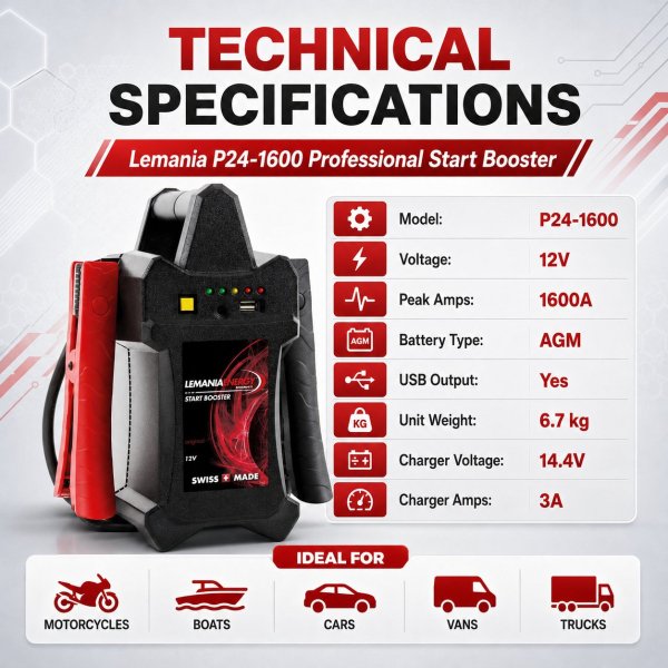 <h4><strong>Lemania P24-1600 Professional Start Booster 12V Portable Jump Starter for Cars Made in Switzerland</strong></h4><h3><strong>Lemania P24-1600 Professional Start Booster Spec Chart:</strong></h3><table border="1" cellspacing="0" cellpadding="8"><thead><tr><th><strong>Feature</strong></th><th><strong>Details</strong></th></tr></thead><tbody><tr><td><strong>Product Type</strong></td><td>Portable 12V Professional Start Booster</td></tr><tr><td><strong>Application</strong></td><td>Car Battery Jump Starting</td></tr><tr><td><strong>Suitable For</strong></td><td>Cars, Light Vehicles, Garages, Service Vans, Roadside Technicians, and Emergency Kits</td></tr></tbody></table> <h4><strong>Lemania P24-1600 Professional Start Booster 12V Portable Jump Starter for Cars Made in Switzerland</strong></h4><h3><strong>Lemania P24-1600 Professional Start Booster Spec Chart:</strong></h3><table border="1" cellspacing="0" cellpadding="8"><thead><tr><th><strong>Feature</strong></th><th><strong>Details</strong></th></tr></thead><tbody><tr><td><strong>Product Type</strong></td><td>Portable 12V Professional Start Booster</td></tr><tr><td><strong>Application</strong></td><td>Car Battery Jump Starting</td></tr><tr><td><strong>Suitable For</strong></td><td>Cars, Light Vehicles, Garages, Service Vans, Roadside Technicians, and Emergency Kits</td></tr></tbody></table>